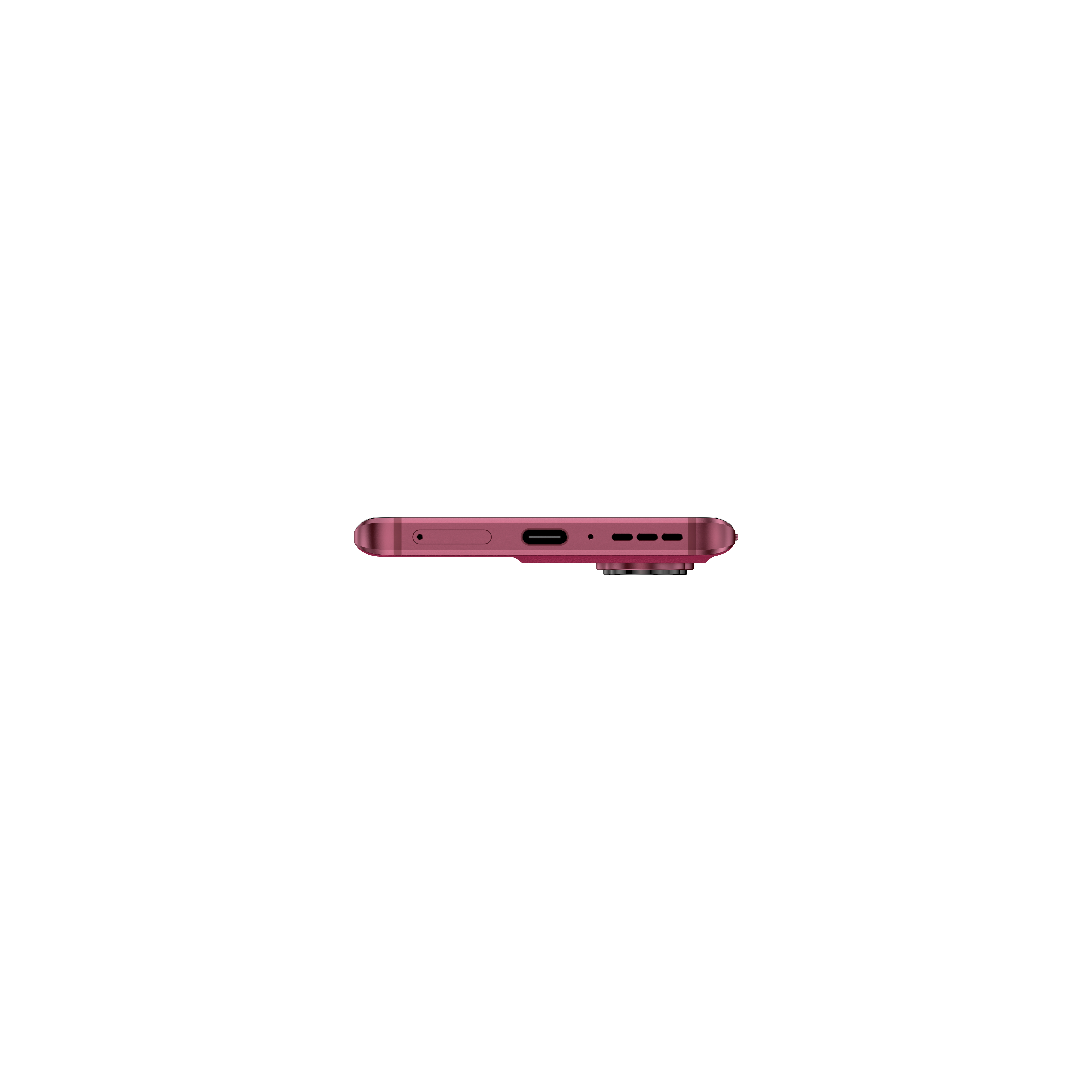 Eine Draufsicht auf ein rotes Mobiltelefon mit Kamera, Anschlüssen und einem SIM-Karten-Steckplatz.