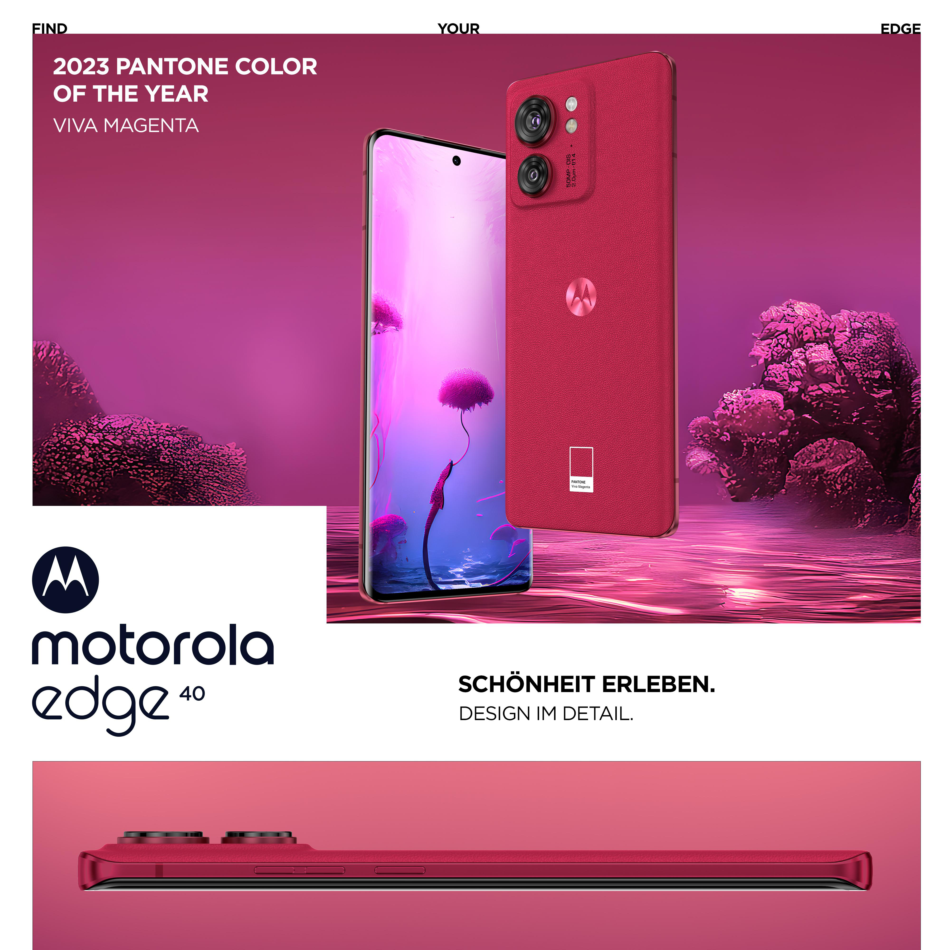Rotes Motorola Edge 40 Telefon. Das Bild zeigt Vorder-, Rück- und Seite des Telefons.