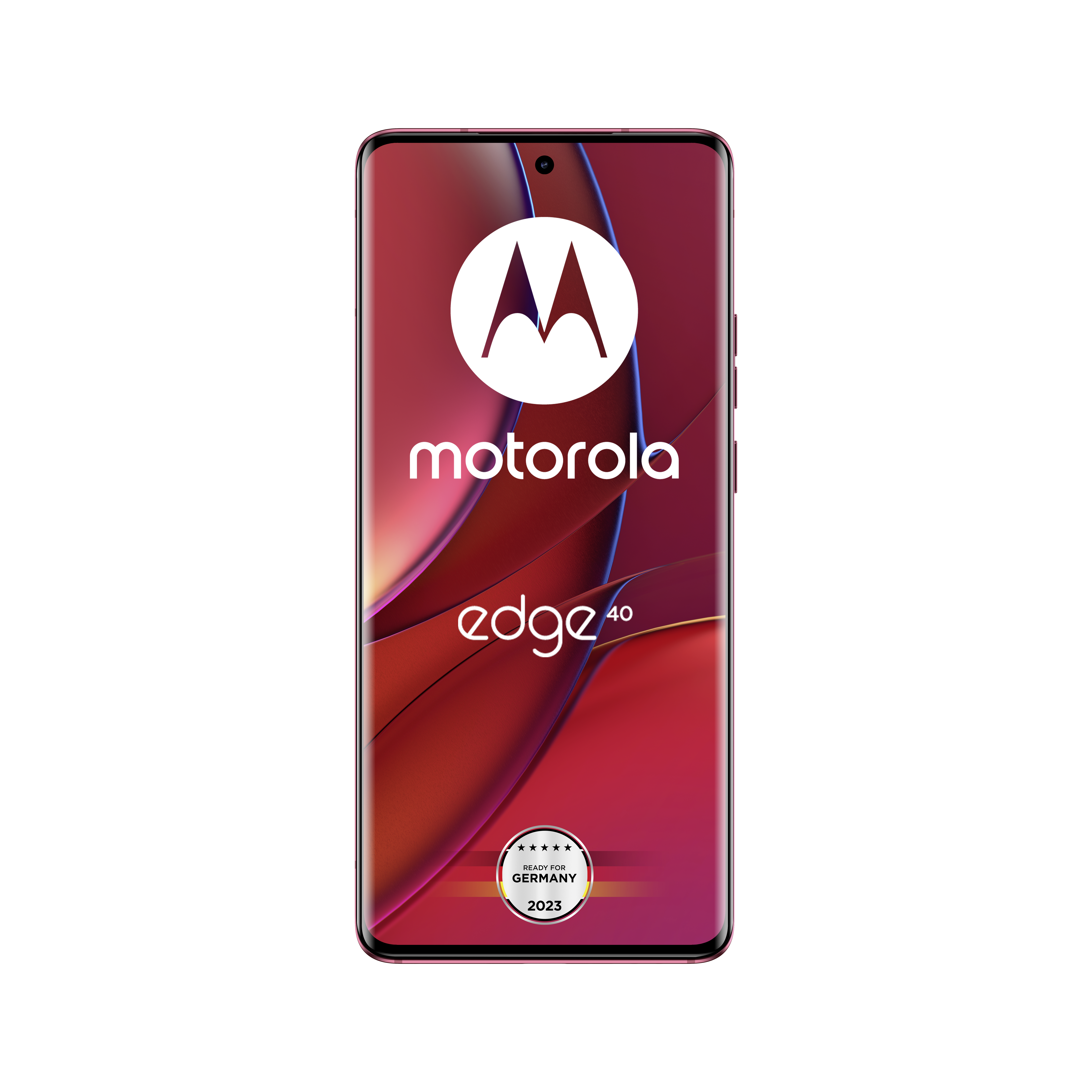 Motorola Edge 40 Telefon. Es hat einen roten Bildschirm und einen schwarzen Rahmen mit Markenname und Modell.