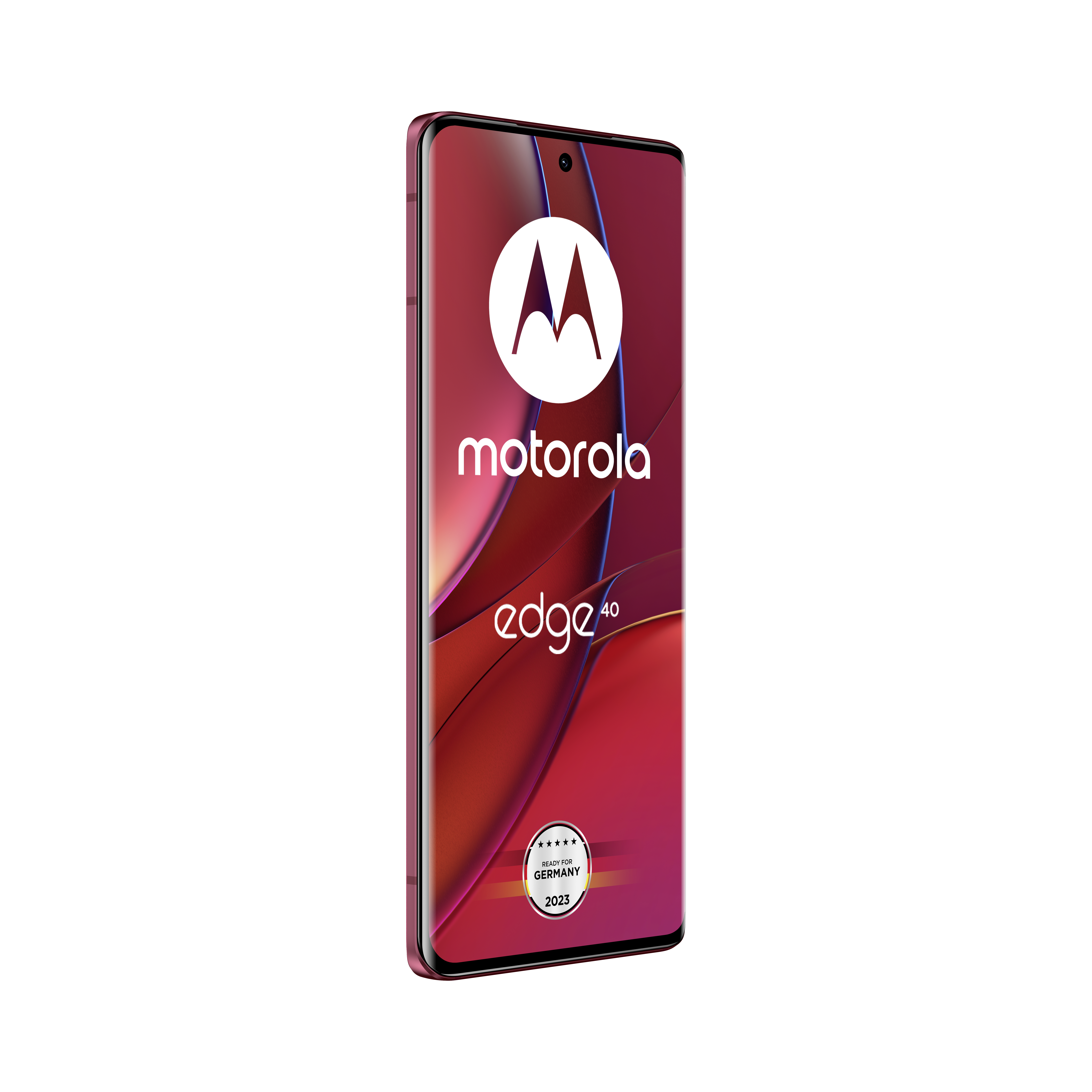 Motorola Edge 40 Smartphone, schräge Ansicht, mit rotem Farbverlauf.