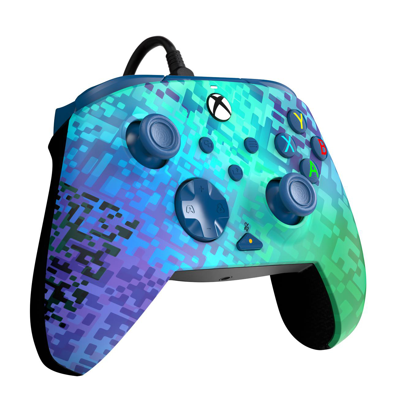 Blau-grüner Xbox-Controller mit farbenfrohem Design auf weißem Hintergrund.