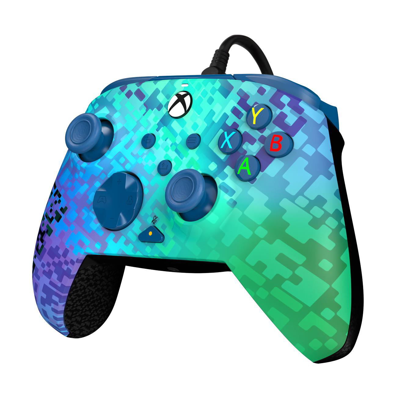 Blau-grüner Xbox-Controller mit beschrifteten Tasten.