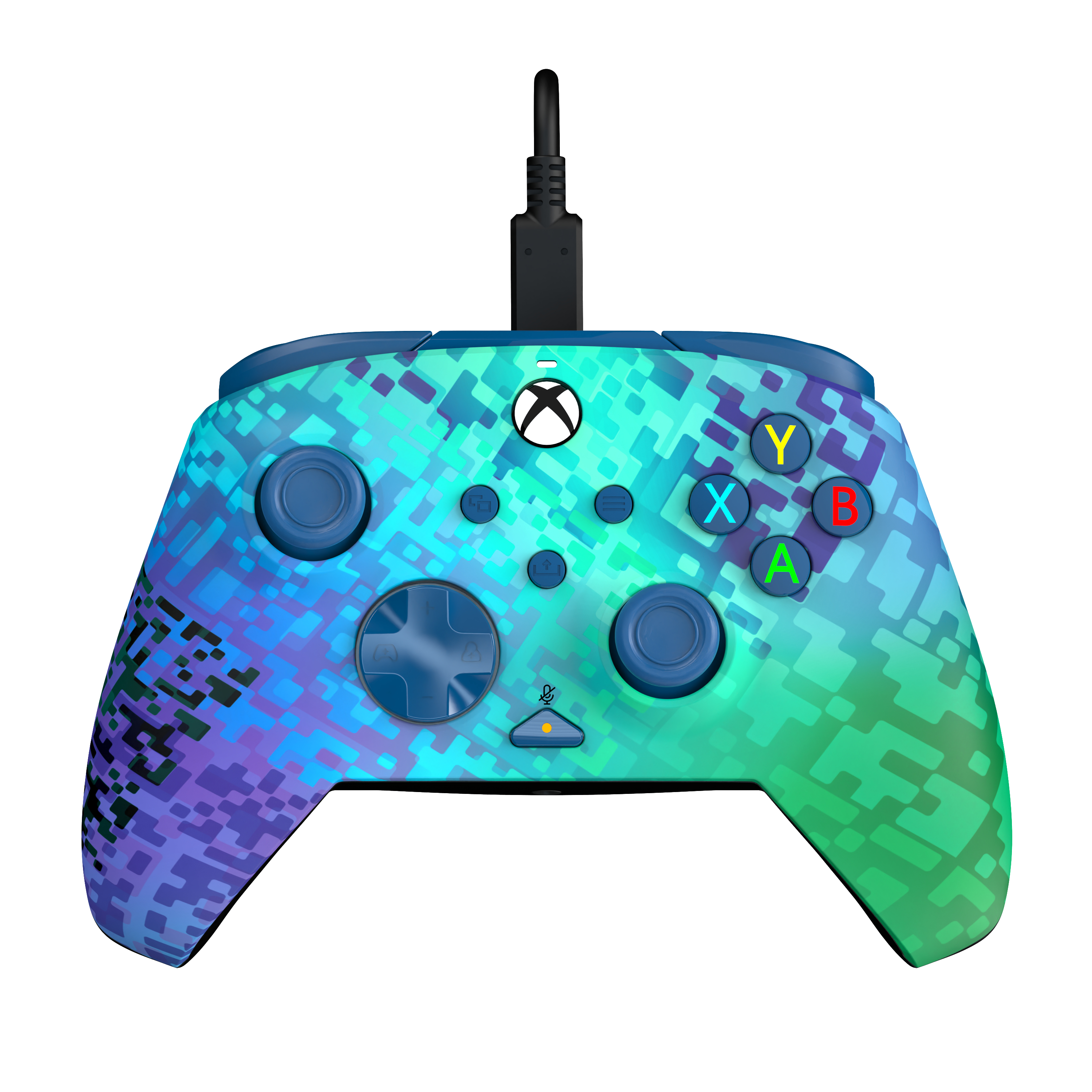 Blauer, grüner und violetter Xbox-Controller mit farbenfrohem Muster. Zeigt Tasten und ein USB-Kabel.