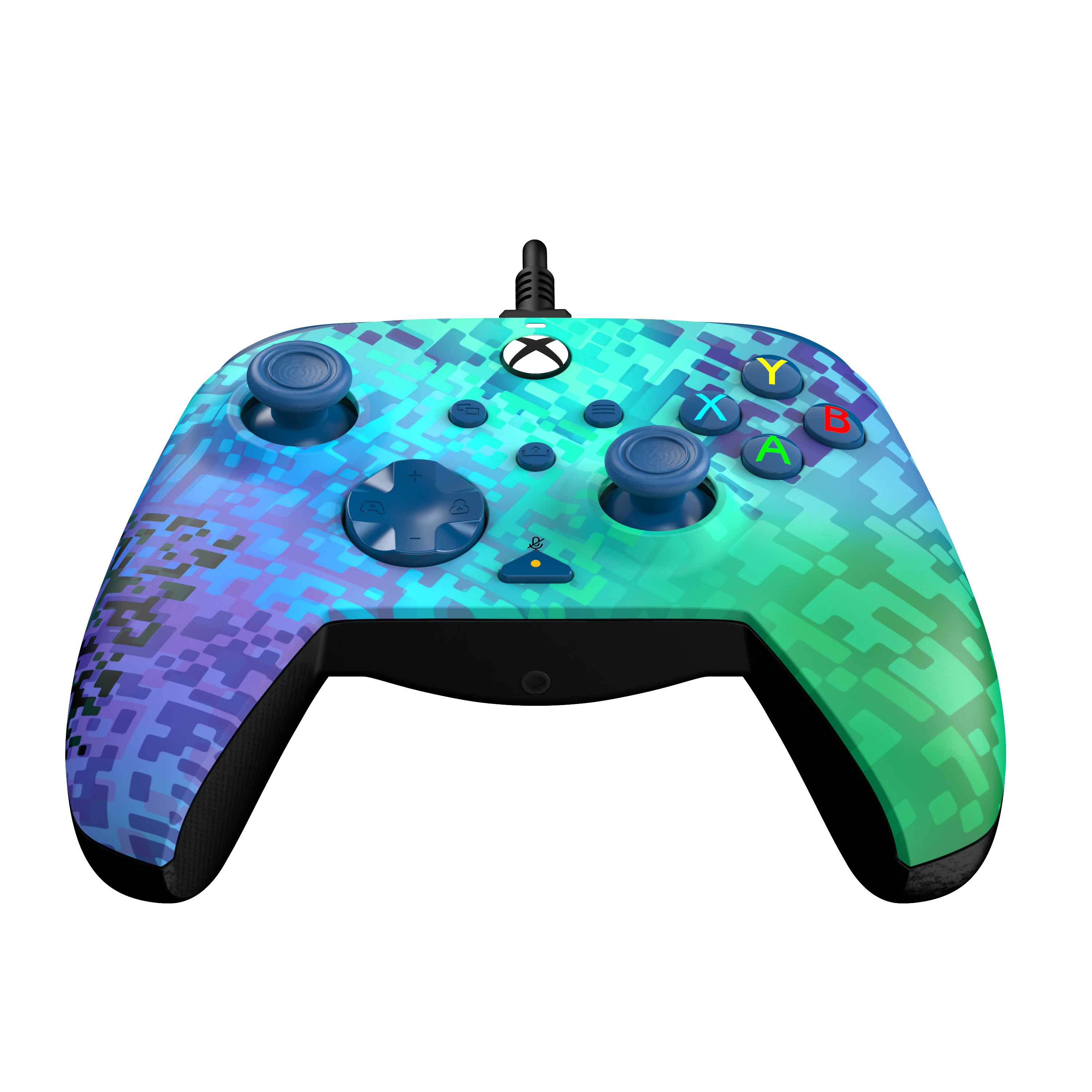 Blau-grüner Xbox-Controller mit farbigen Tasten und Kabelanschluss.