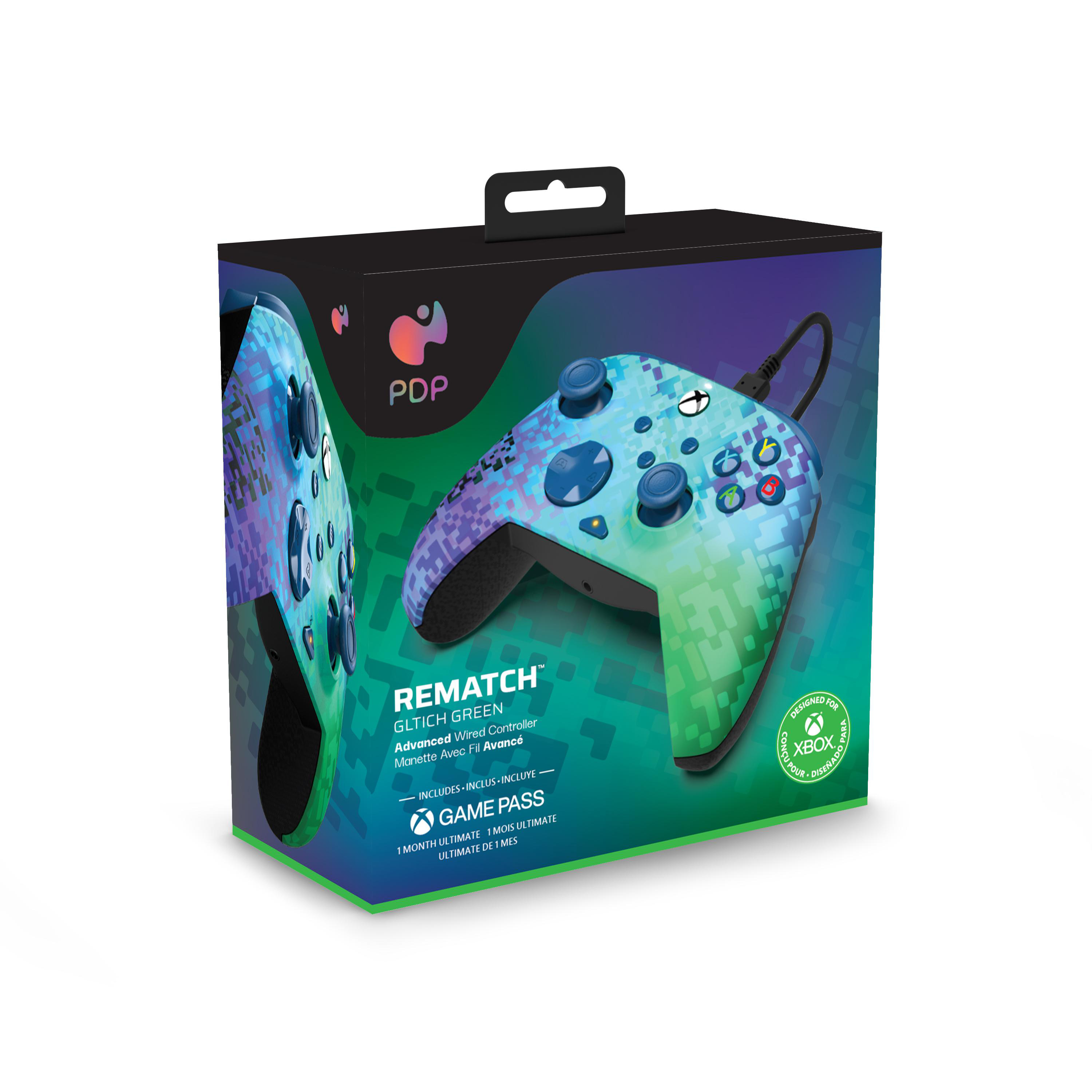 Gaming-Controller-Box mit grünem und blauem Design, die einen Controller auf der Vorder- und Seite zeigt.