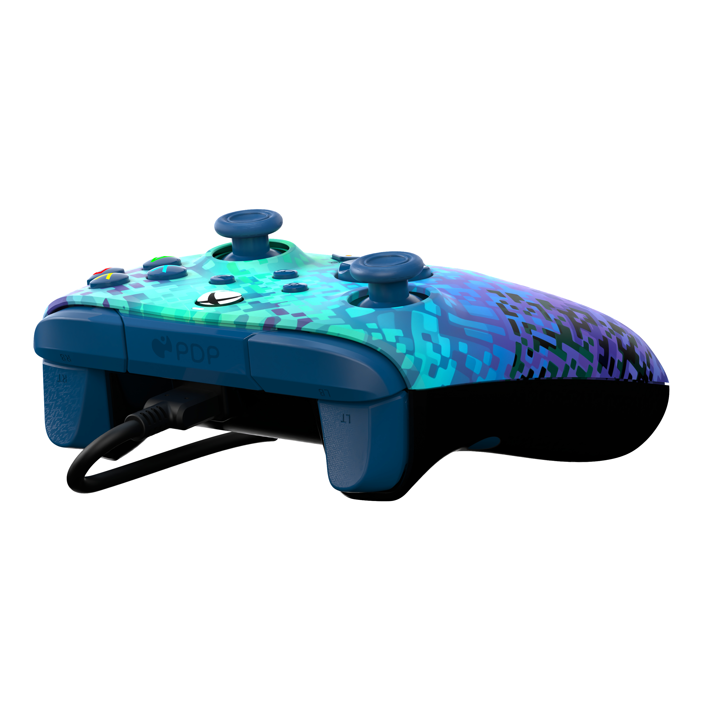 Blau-türkisfarbener Gamecontroller mit schwarzem Kabel. Der Controller ist auf weißem Hintergrund.
