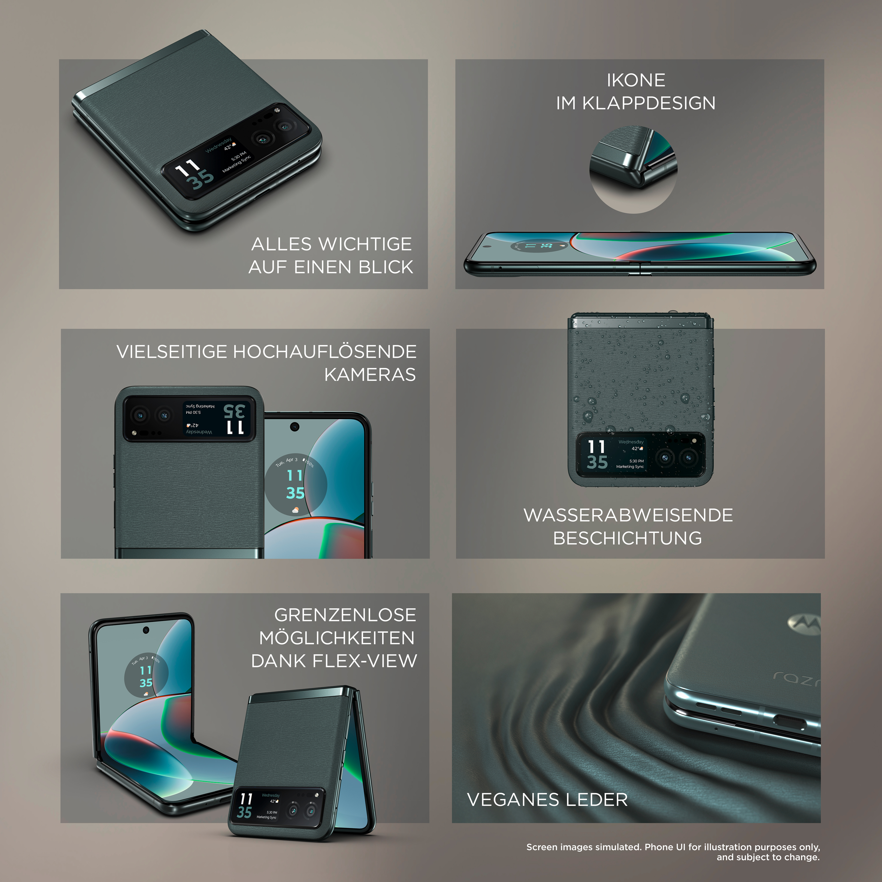 Eine Reihe von Bildern, die ein faltbares Smartphone mit Funktionen wie Display und veganem Leder zeigen.