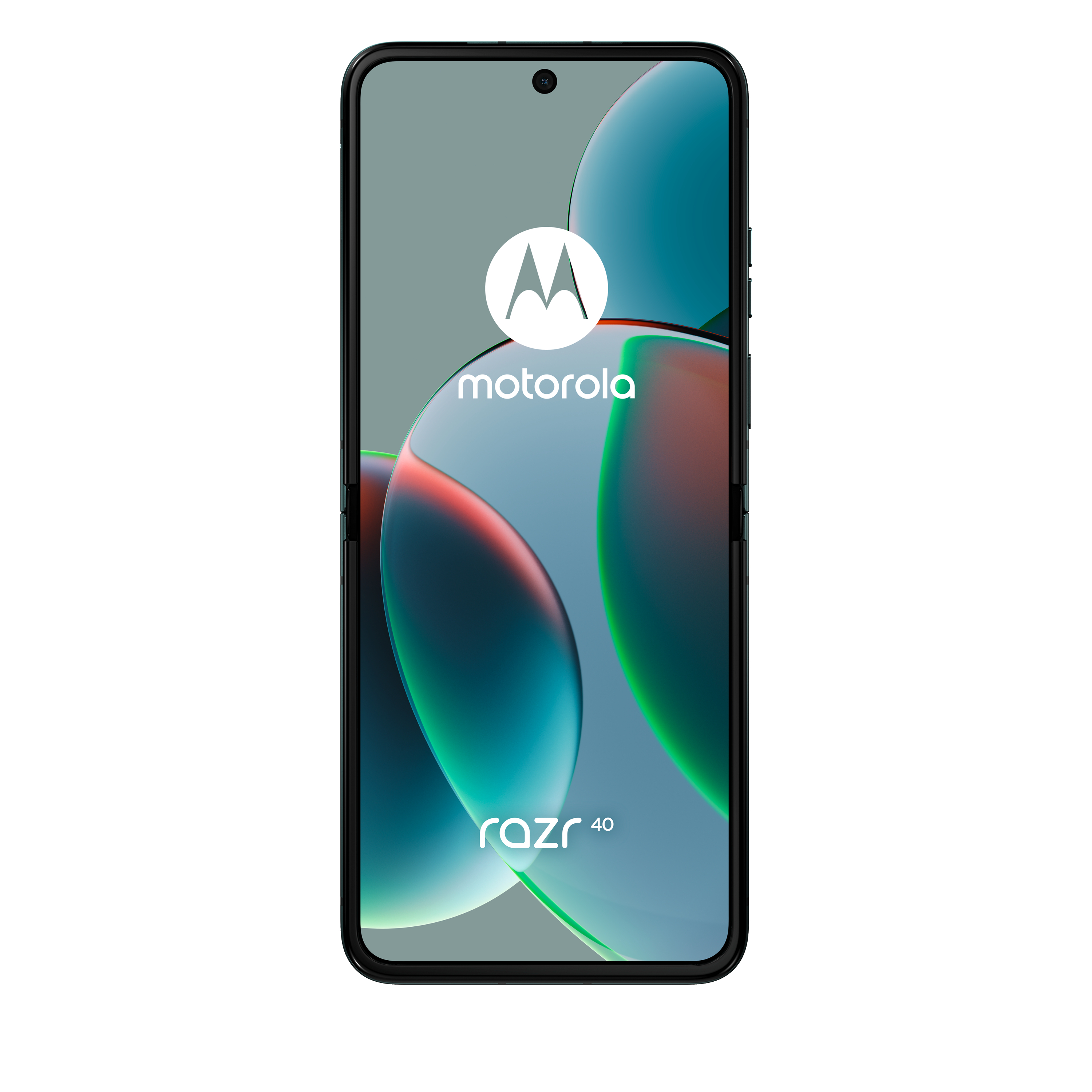 Vorderansicht eines schwarzen Motorola Razr 40 Smartphones auf weißem Hintergrund.