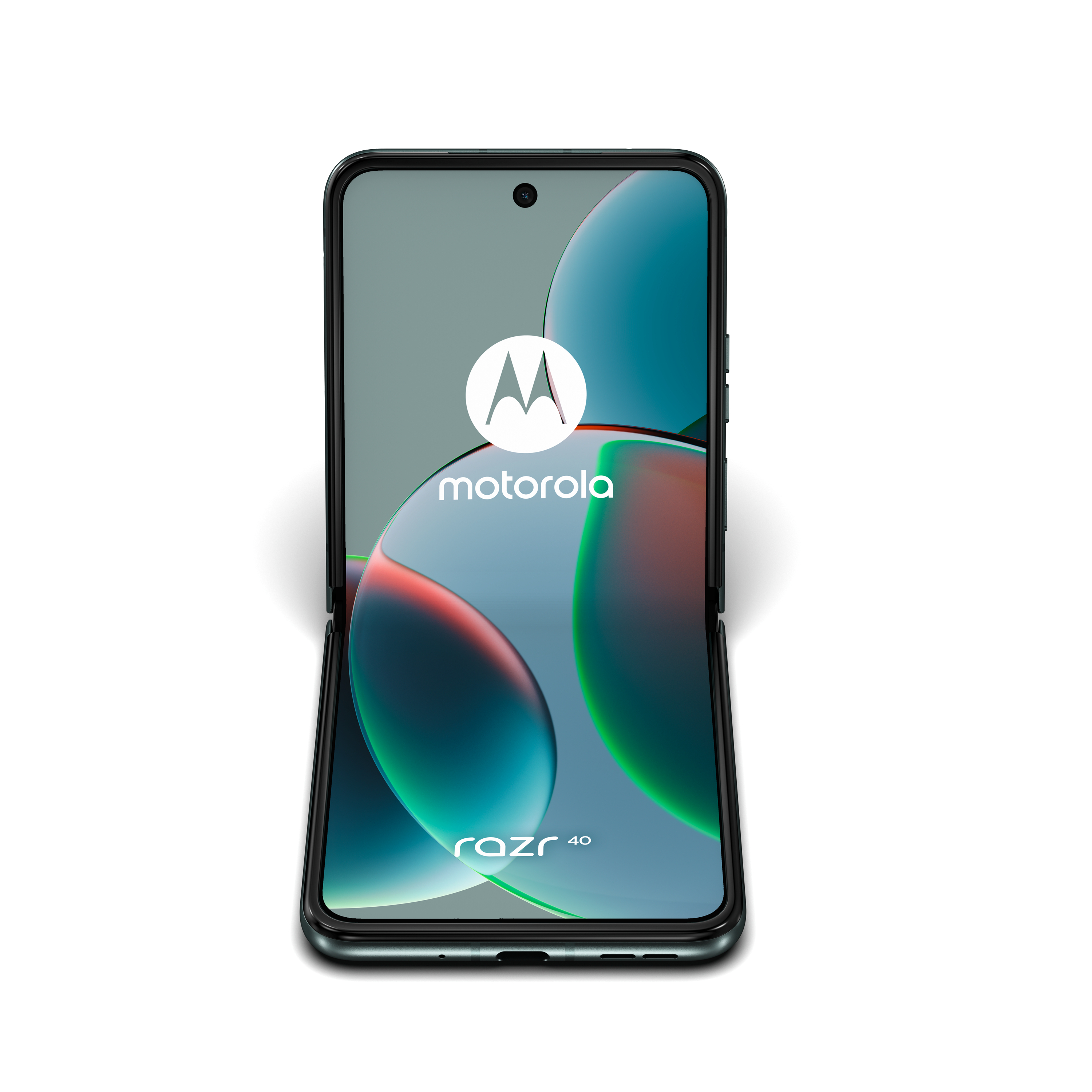 Motorola Razr 40 Smartphone, teilweise geöffnet, weißer Hintergrund.