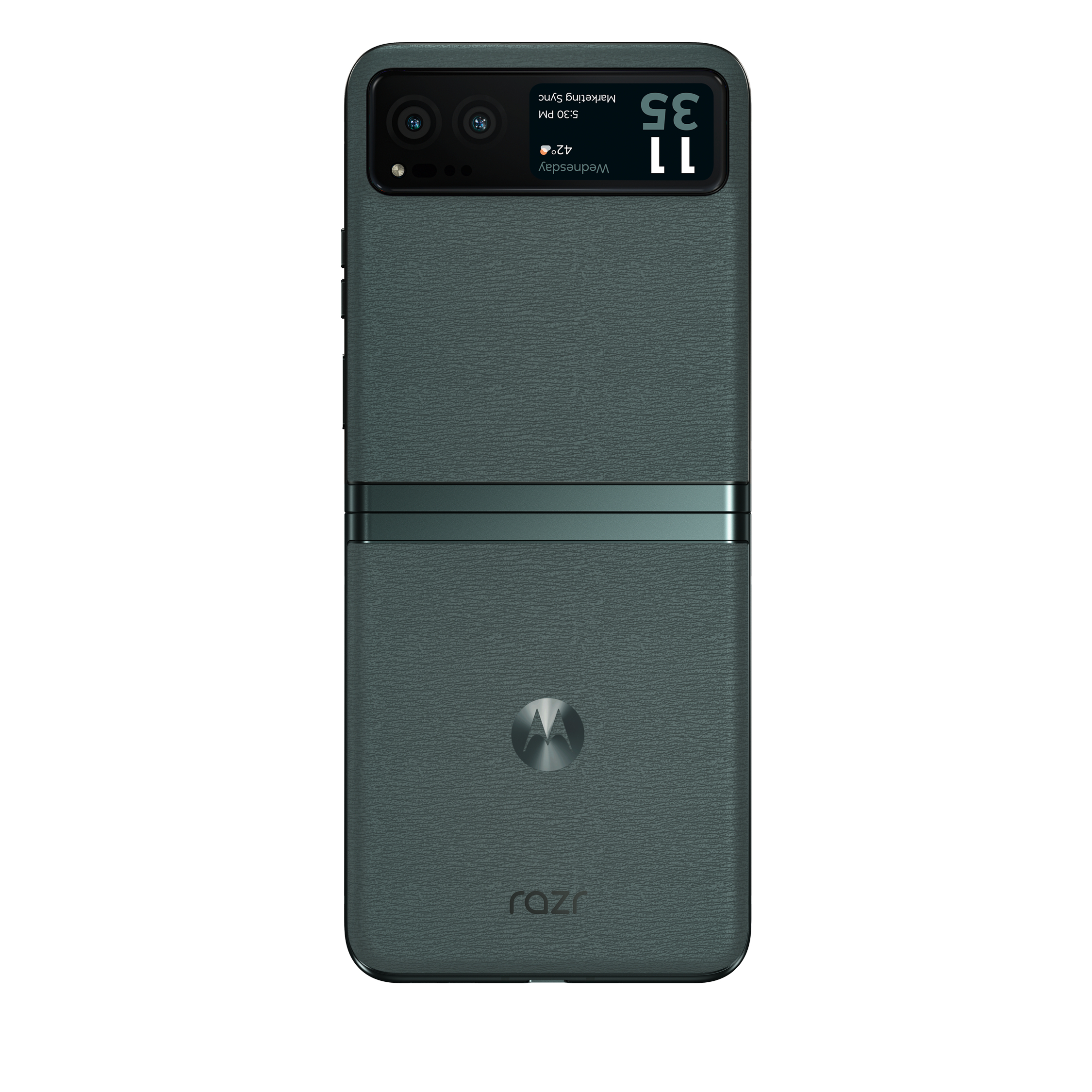 Faltbares Smartphone, teal Farbe, mit Kamera und kleinem externen Display mit Uhrzeit und Datum.