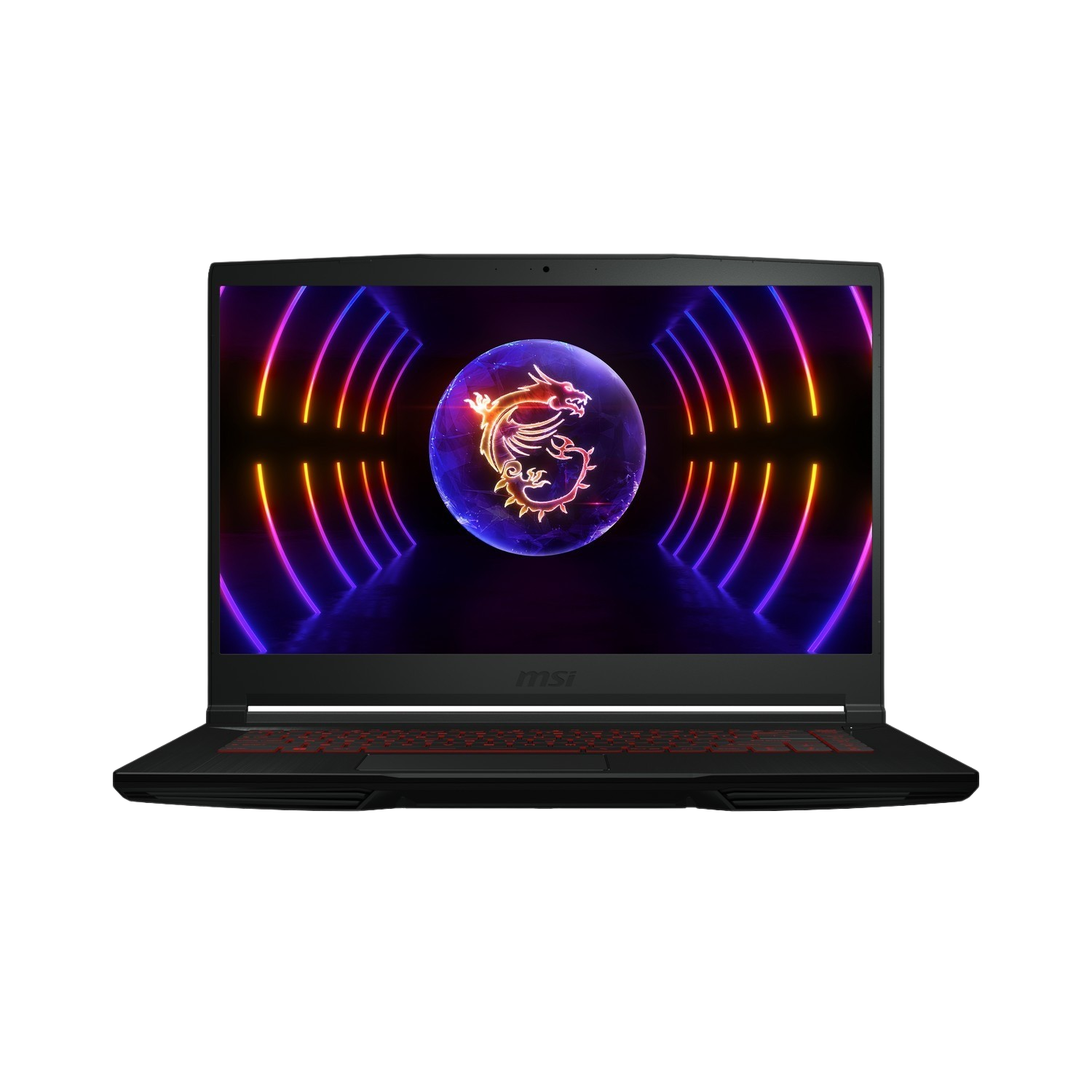 Een zwarte MSI-laptop is open. Het scherm toont een drakenlogo in een cirkel met neonlichten. Het toetsenbord heeft rode toetsen.