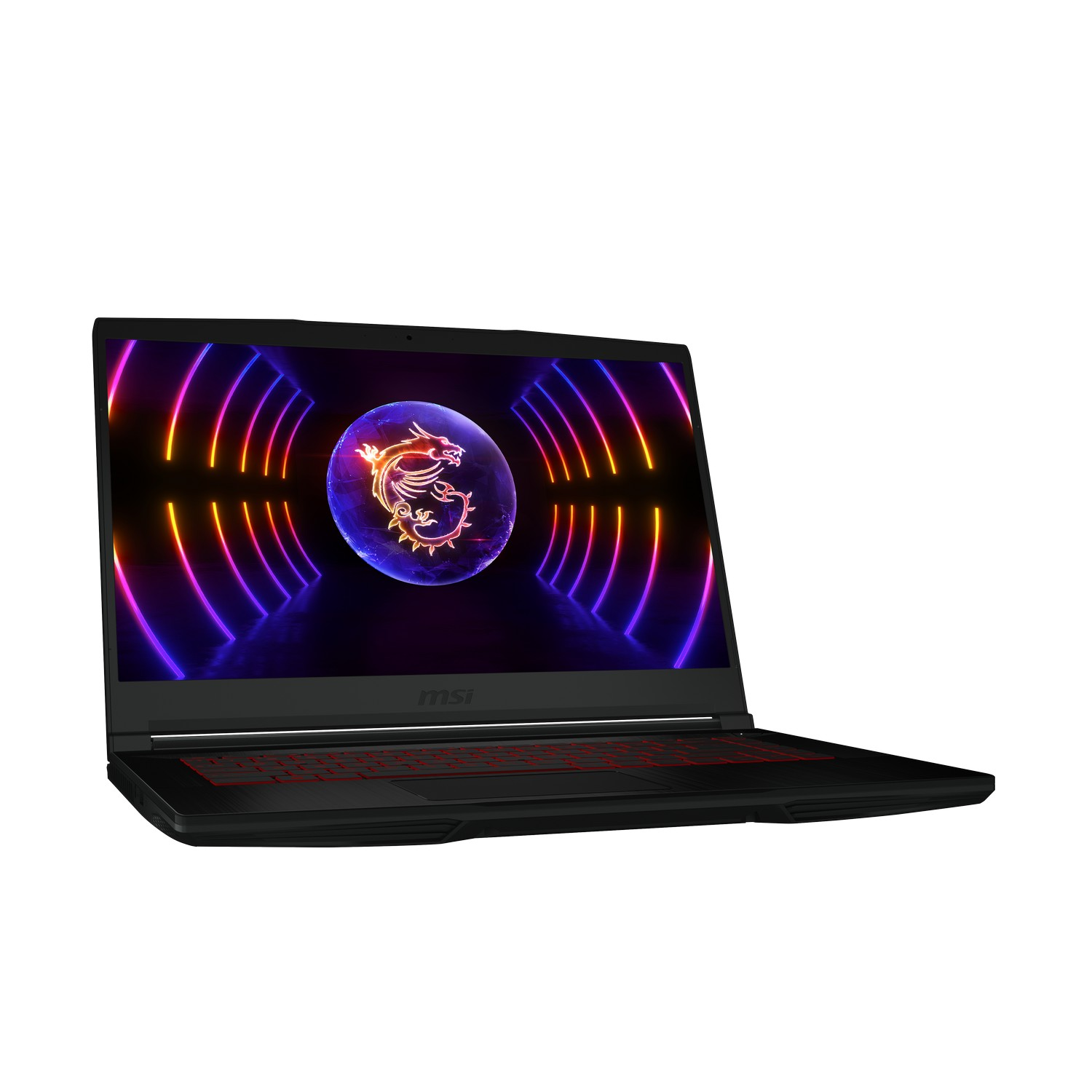 Een zwarte MSI-laptop is open, met een scherm met een drakenlogo en kleurrijke neonlijnen. Het toetsenbord heeft rode toetsen.