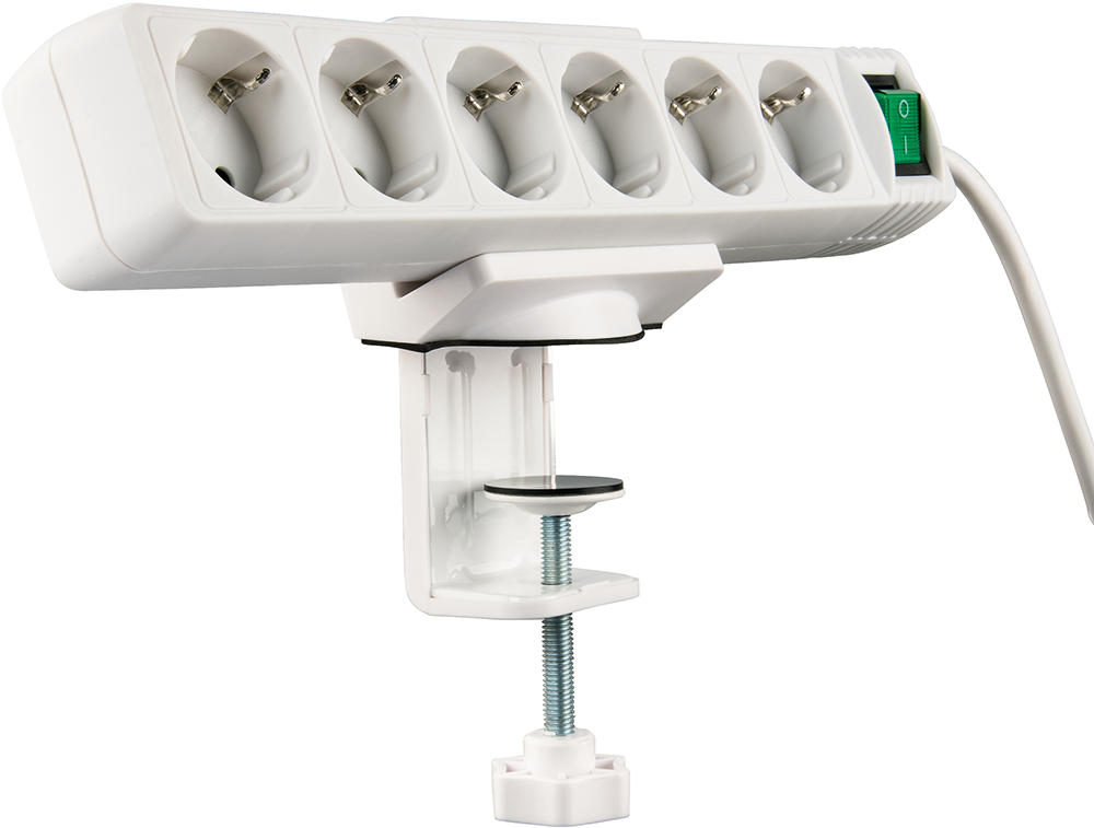 Witte stekkerdoos met zes stopcontacten, gemonteerd op een witte klem, close-up.