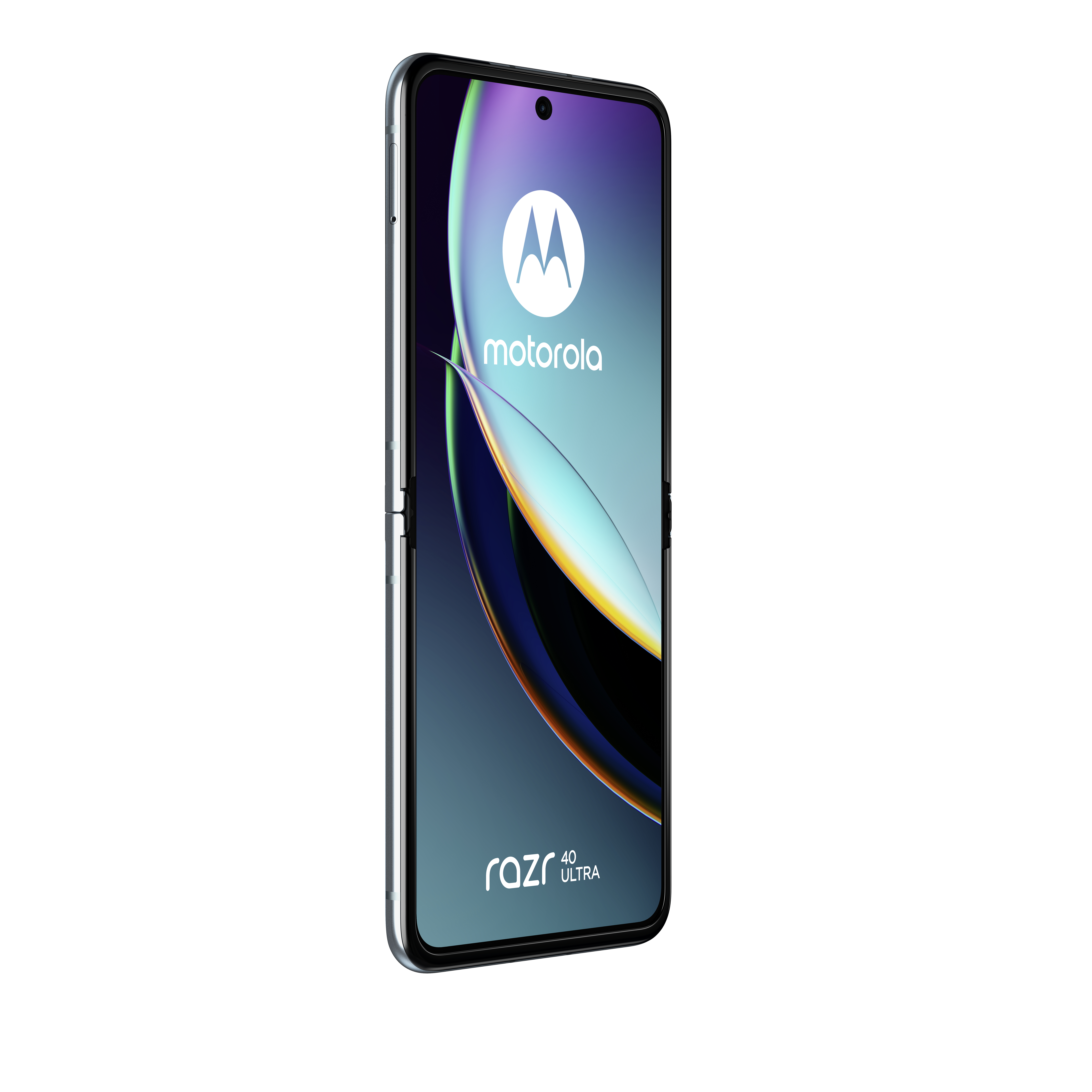Motorola Razr 40 Ultra Smartphone, gefaltet. Lila, weiß und schwarz.