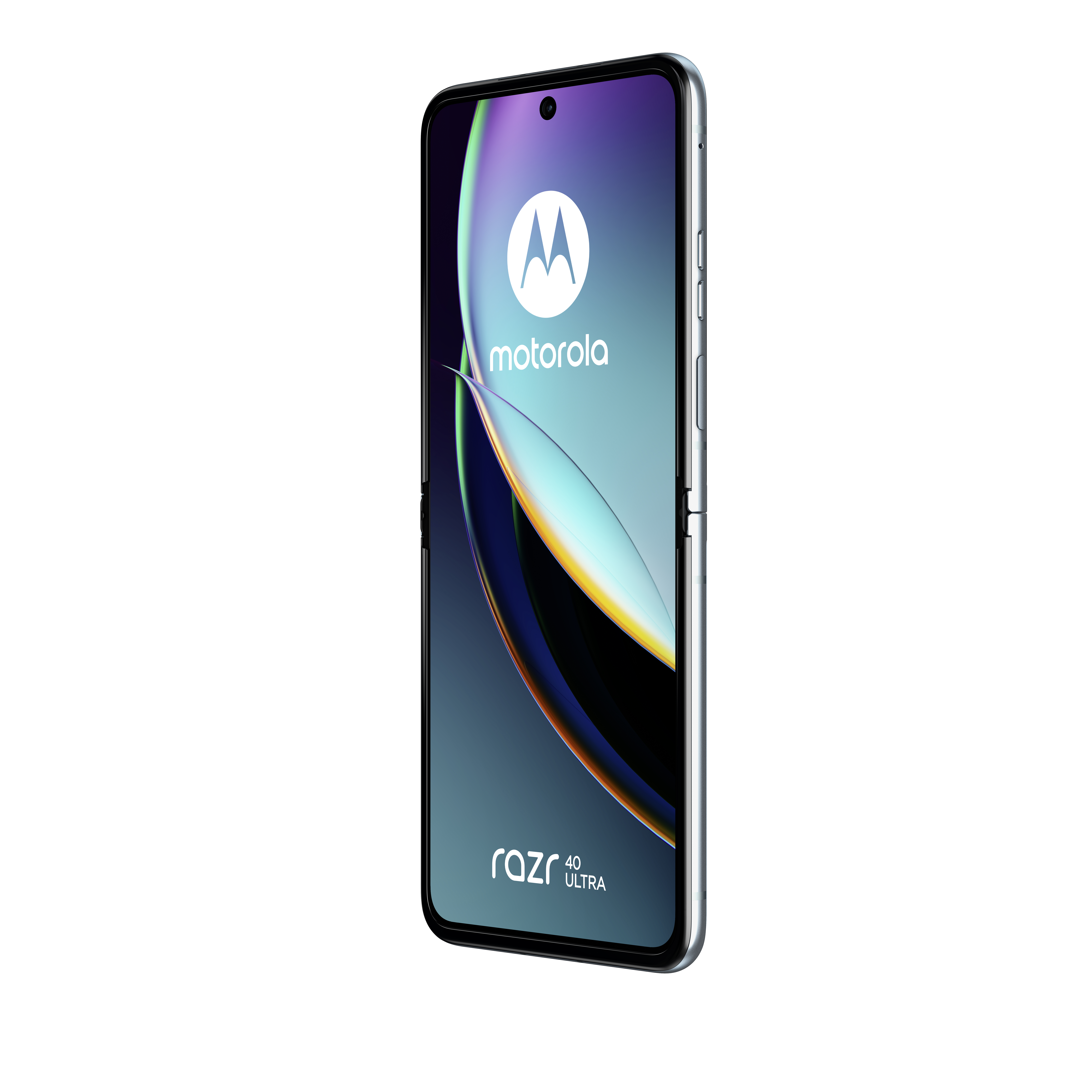 Ein Motorola Razr 40 Ultra Smartphone in geschlossener, gefalteter Position, mit weißem Hintergrund.