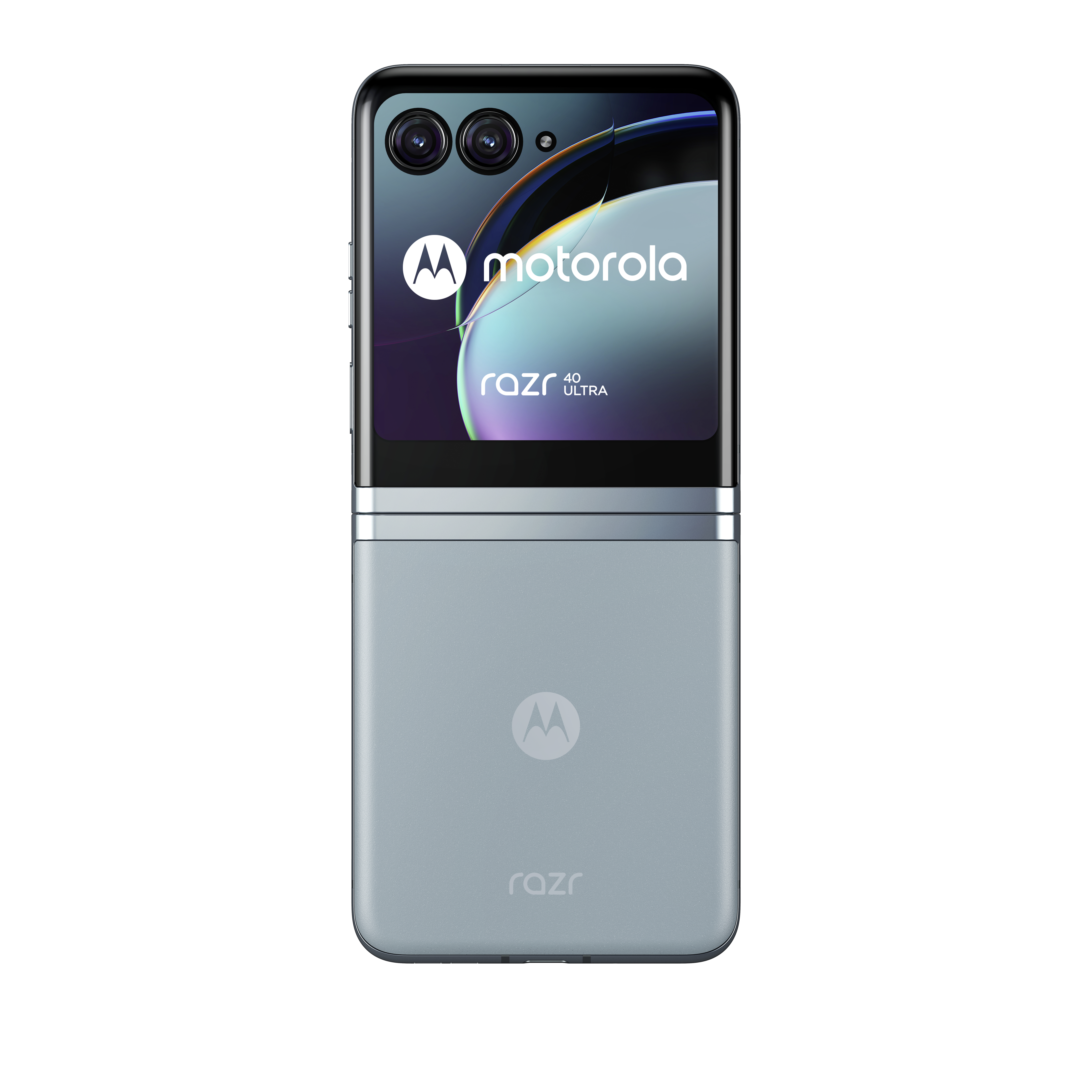 Ein geschlossenes, blaues Motorola Razr-Telefon mit Dual-Kamerasystem und Motorola-Logo.