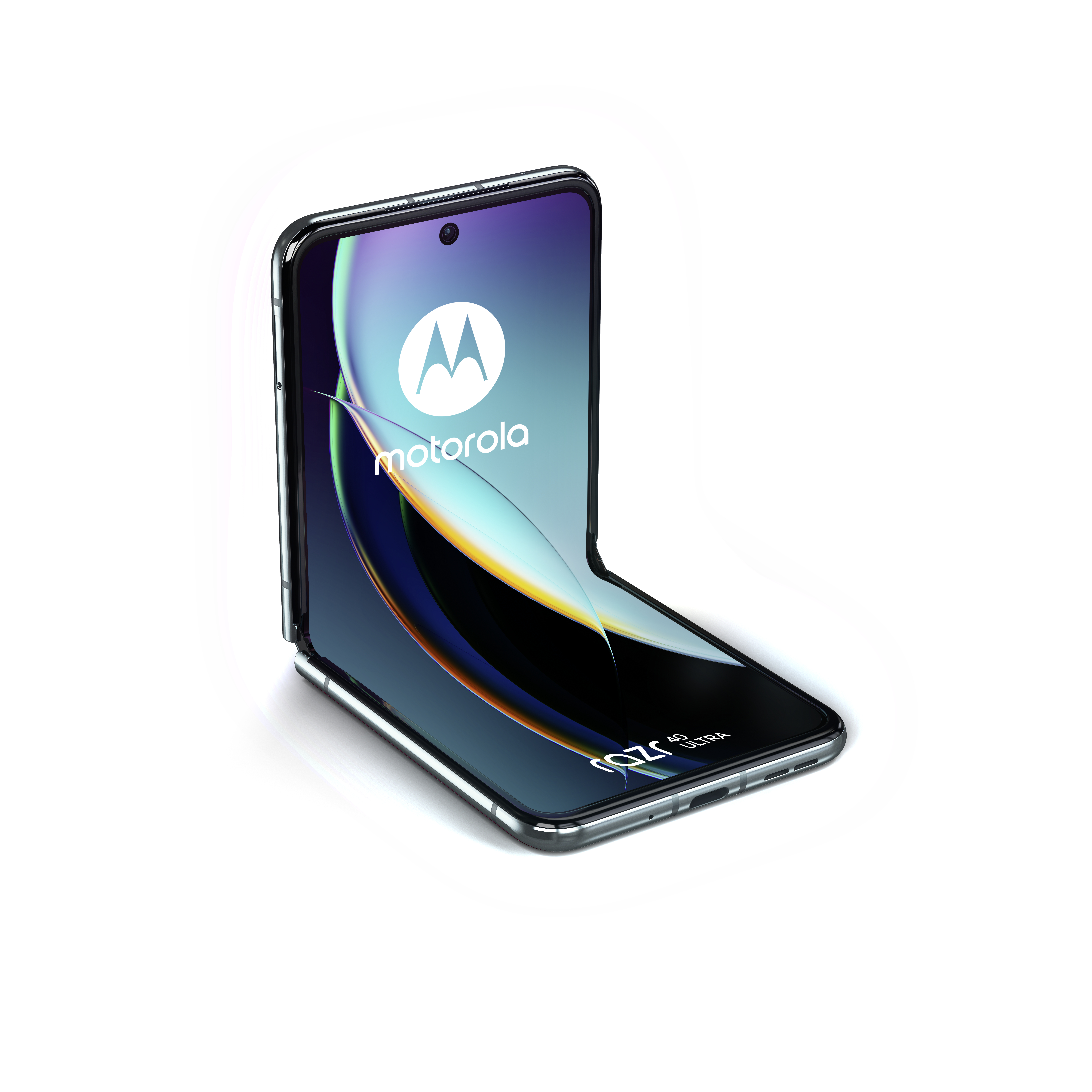 Faltbares Motorola-Telefon, silberner Rahmen, schwarzer Bildschirm. Motorola-Logo auf dem Bildschirm, gegen weißen Hintergrund.