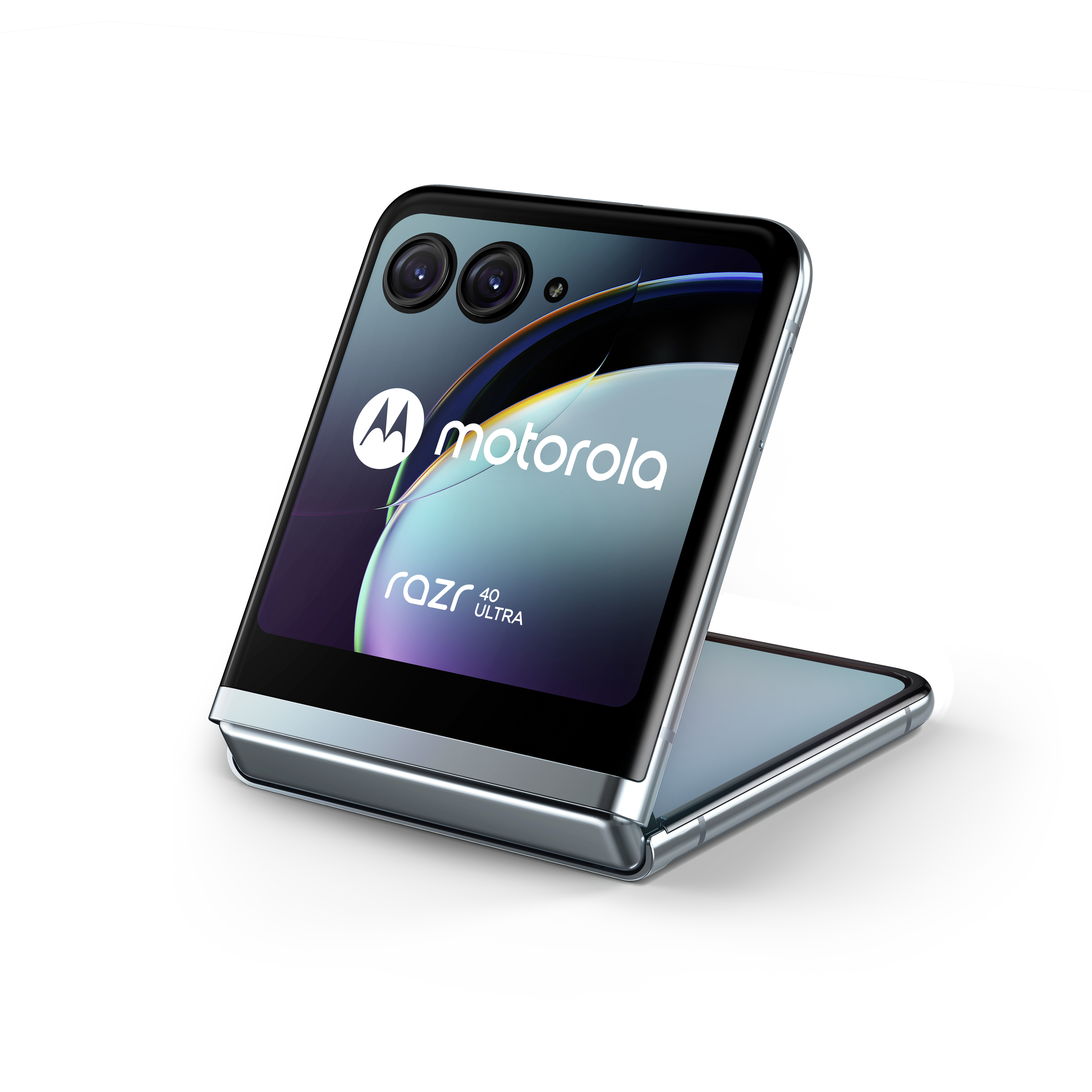Ein schwarzes und silbernes Motorola Razr 40 Ultra-Telefon, aufgeklappt auf weißem Hintergrund.