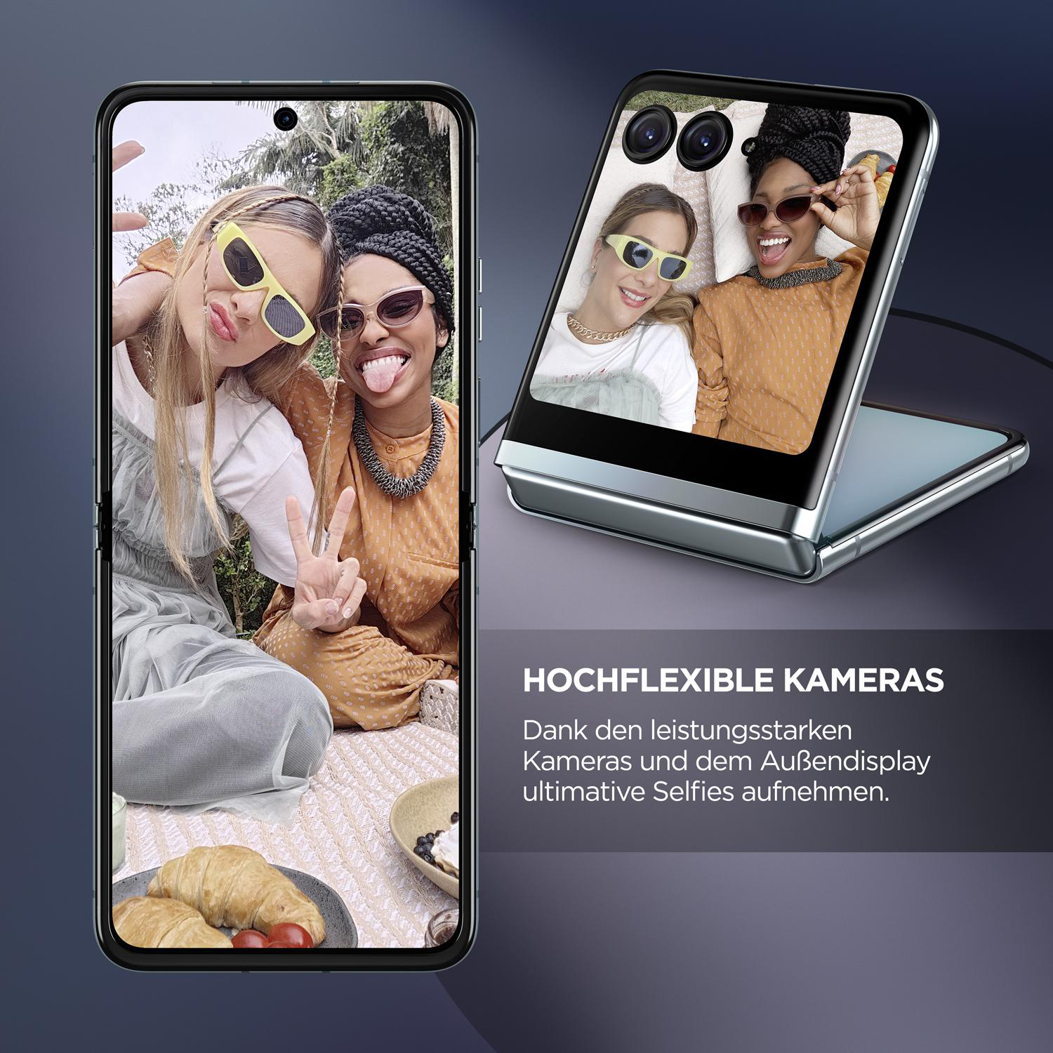 Zwei Falthandys mit einem Selfie von drei Frauen.