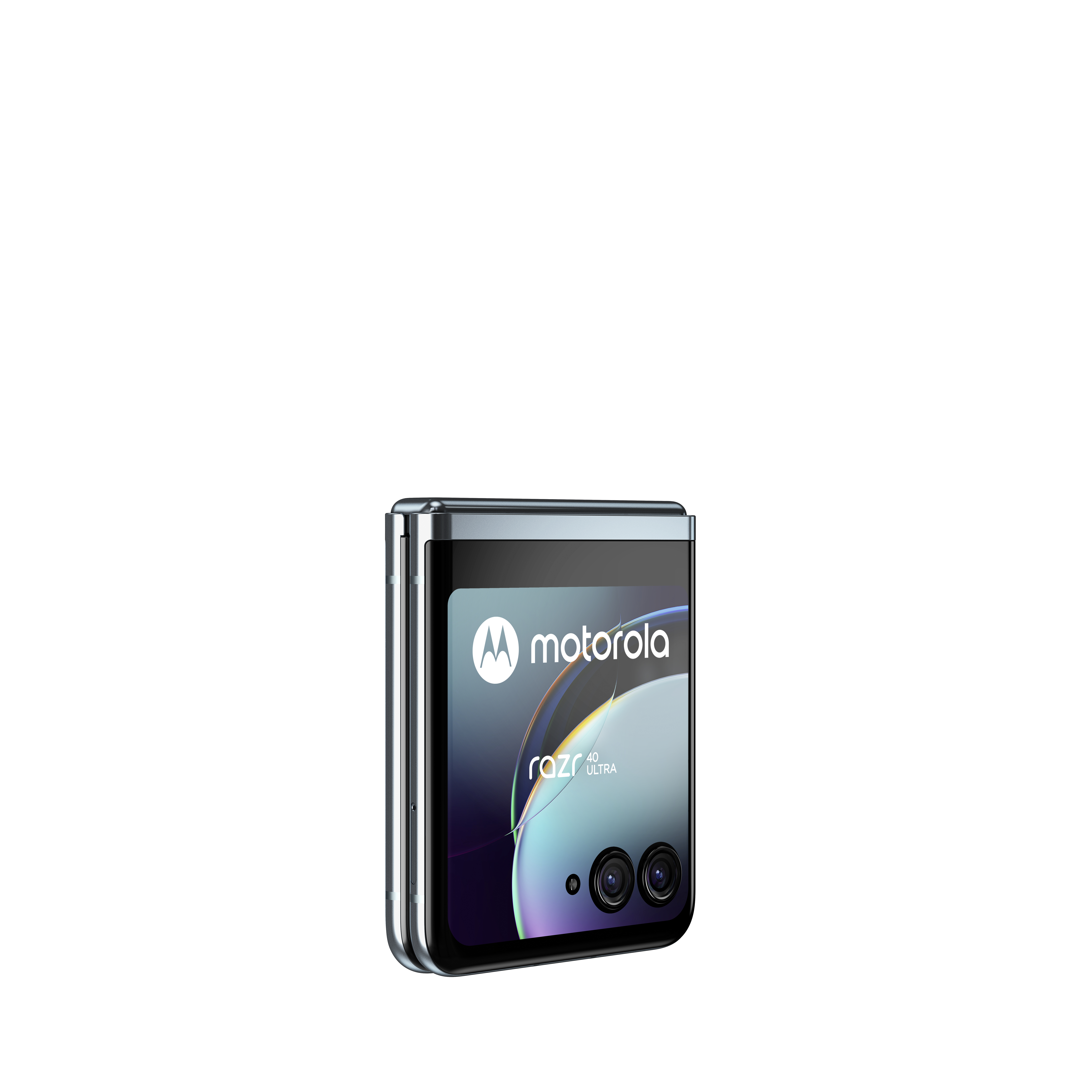 Ein geschlossenes Motorola Razr-Telefon vor weißem Hintergrund, das das Motorola-Logo zeigt.