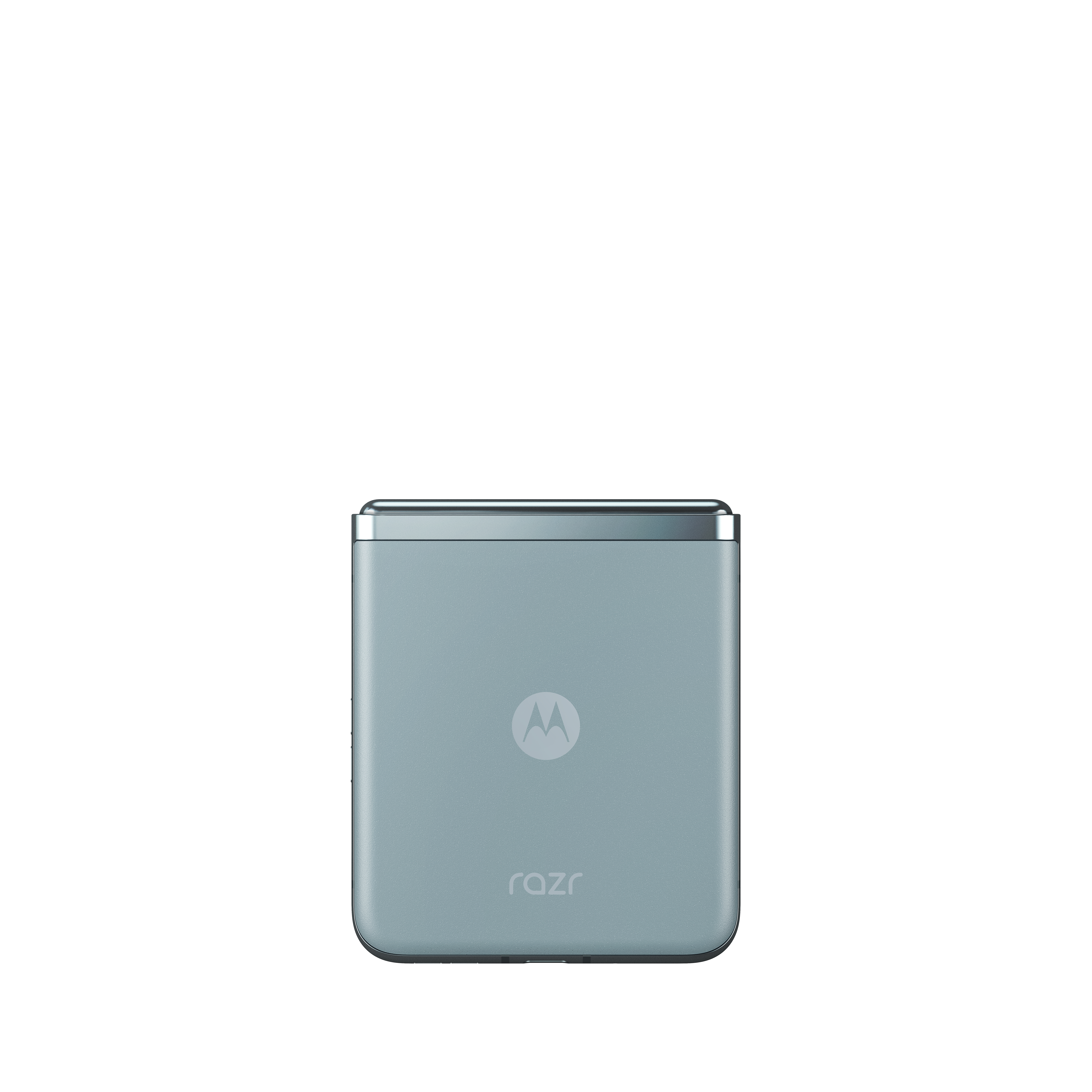 Ein hellblaues Motorola Razr-Telefonladegerät, Draufsicht, auf weißem Hintergrund.