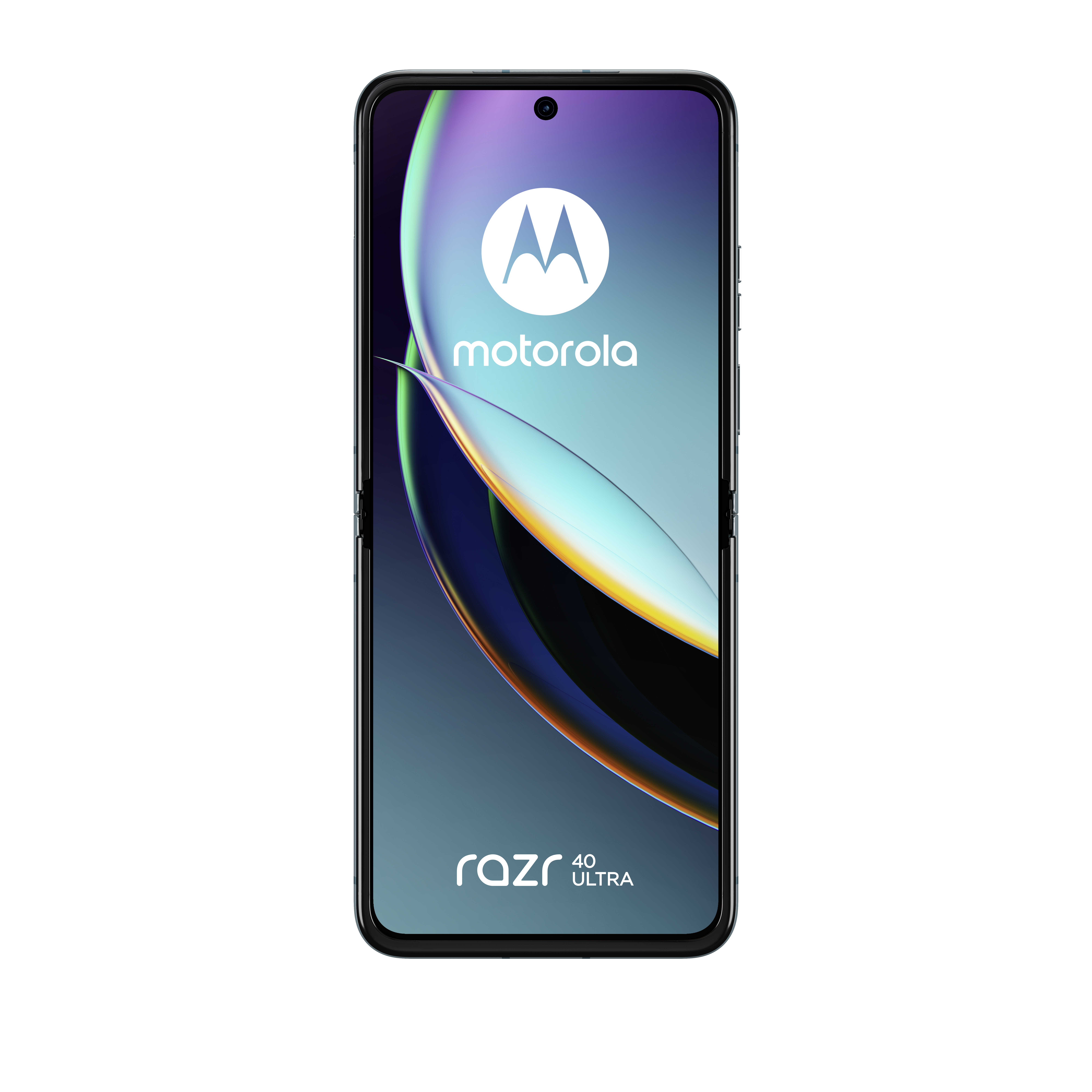 Motorola Razr 40 Ultra Telefon, schwarzer Rahmen, geschlossen. Der Bildschirm zeigt ein abstraktes lila-blaues Design.