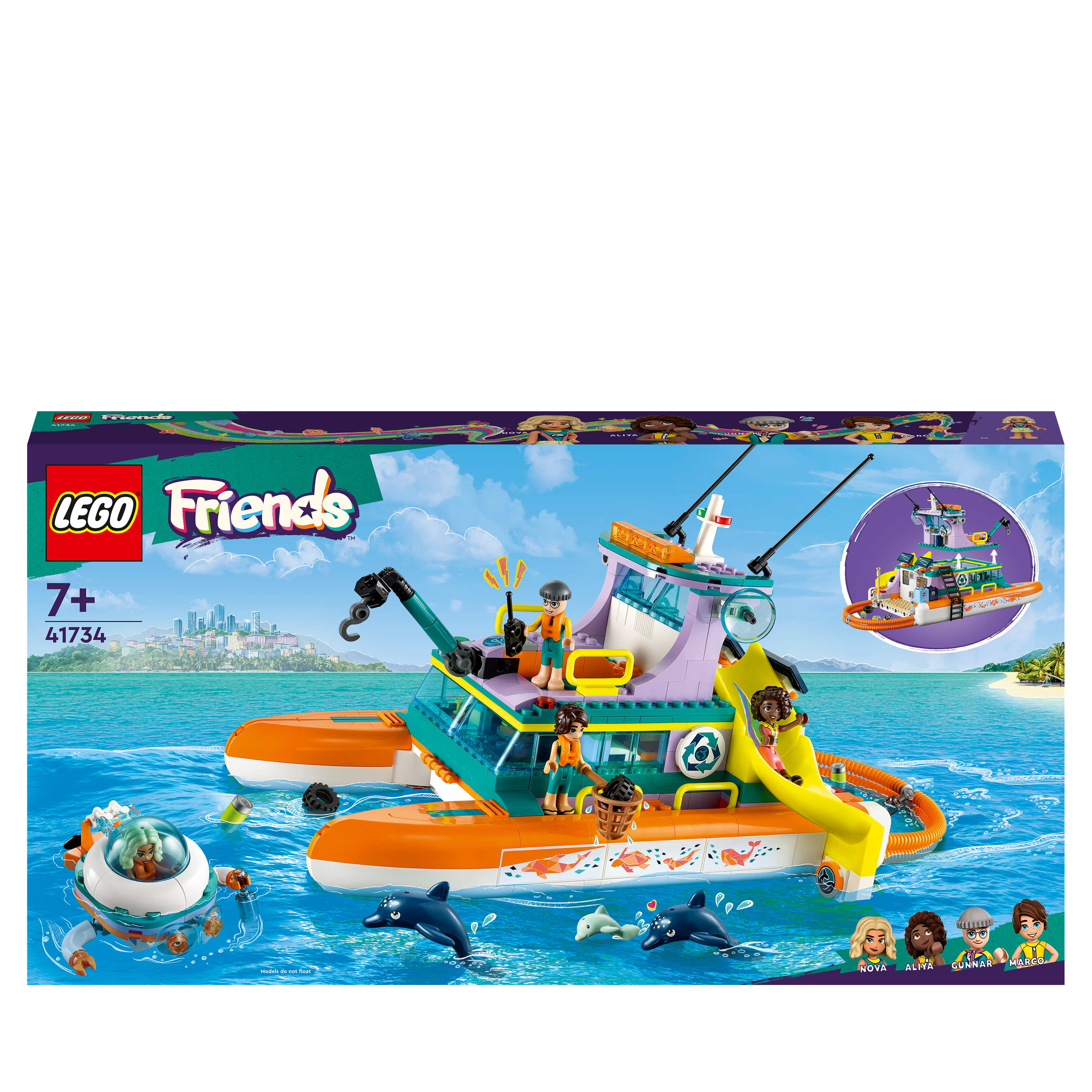 Ein Lego Friends Set mit einem Boot, Figuren und Delfinen. Das Set ist für Kinder konzipiert.
