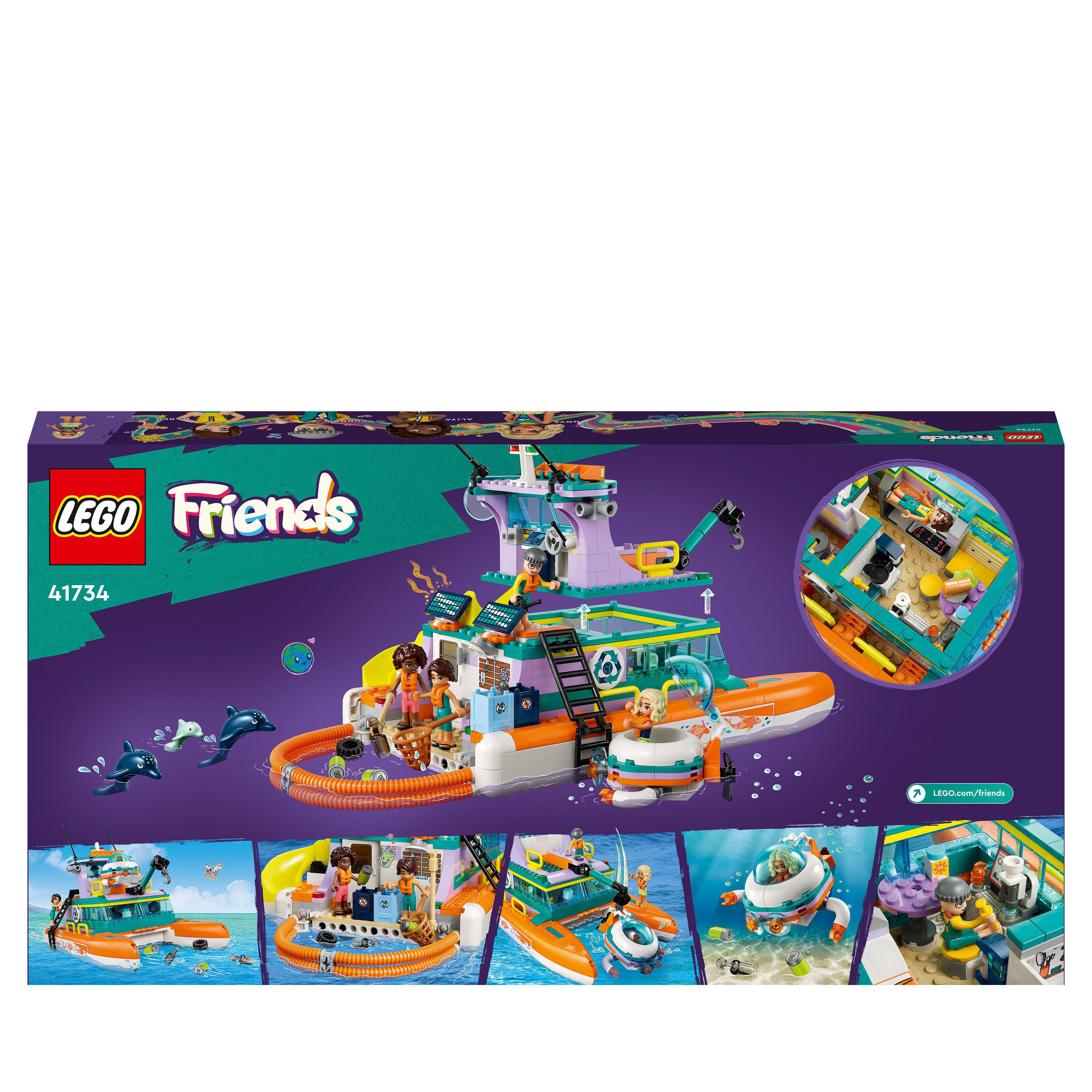 Lego Friends Set zeigt Boot auf Wasser mit Figuren. Enthält Bootsmerkmale und Elemente.