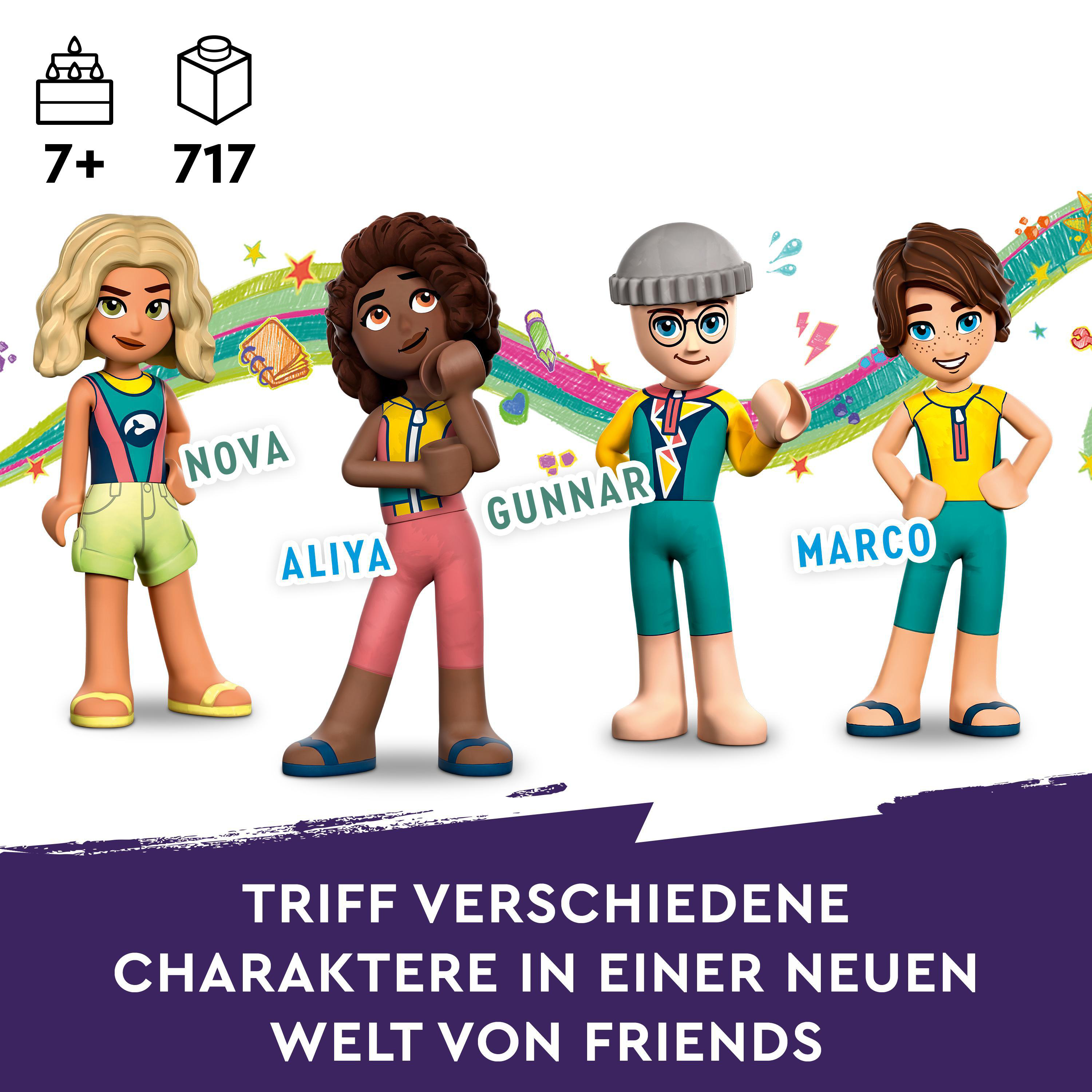 Vier Lego Friends Figuren mit Namen, stehend, mit Text darunter.