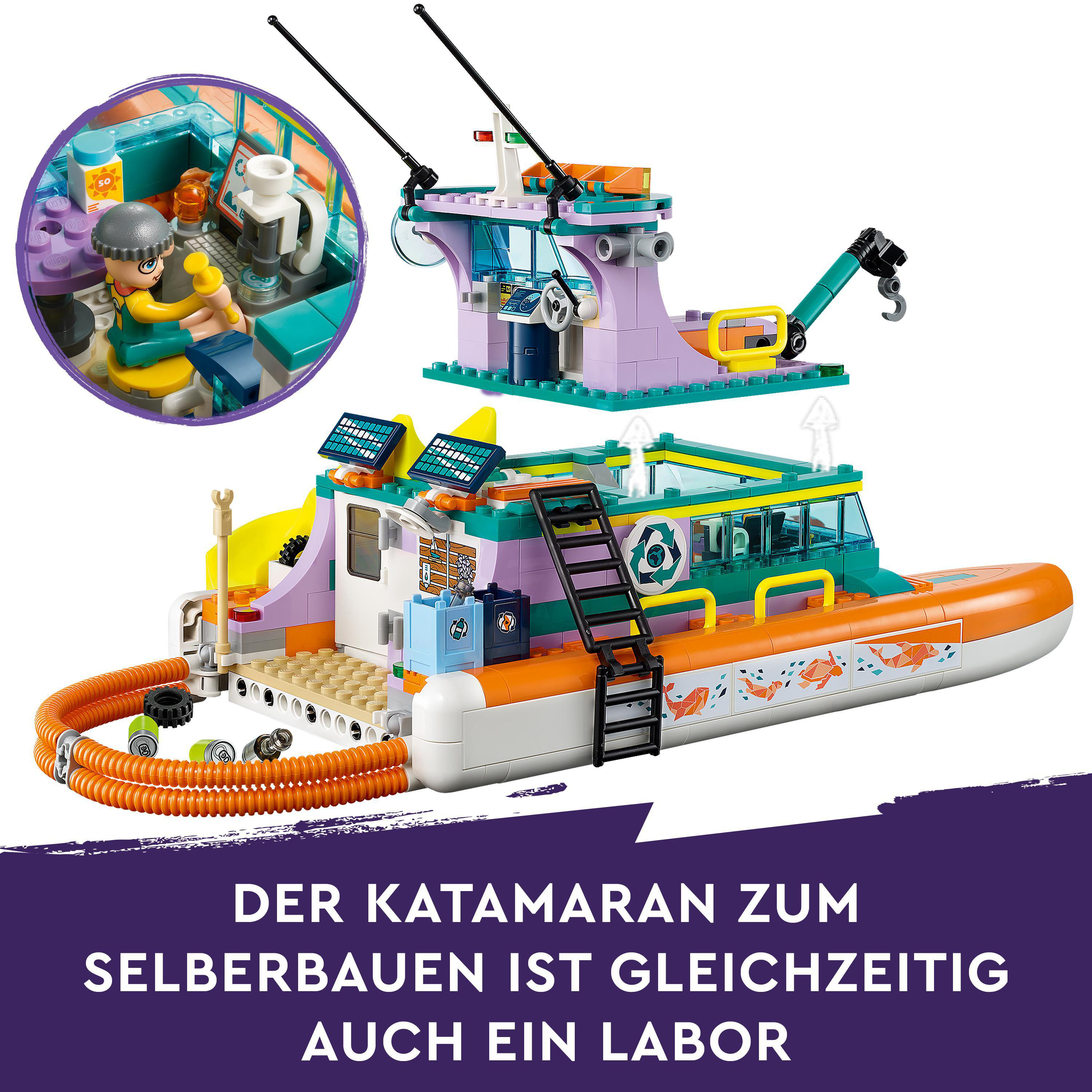 Ein LEGO-Bootsmodell mit detailliertem Deck und Labor sowie ein kleines Modell im Inneren.