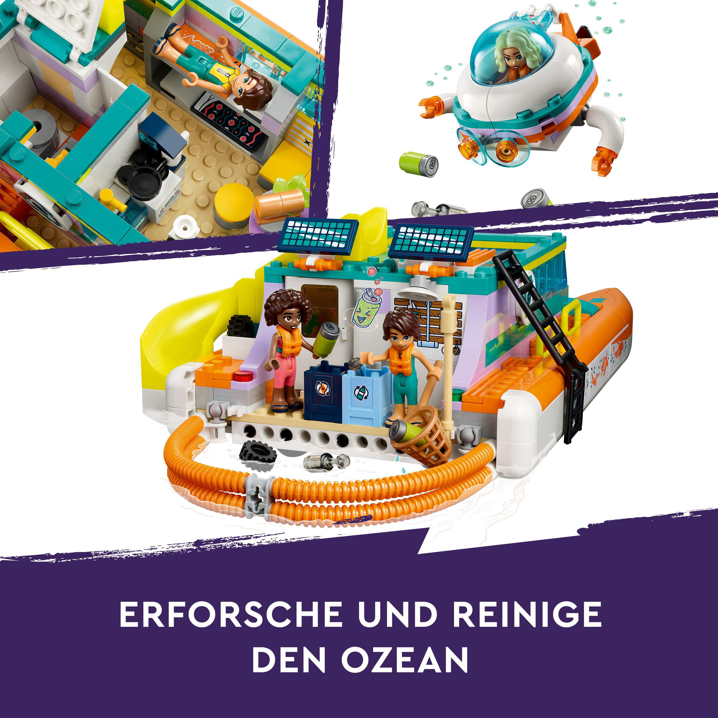 LEGO-Set mit Figuren. Das Set enthält eine Forschungsstation und ein U-Boot mit dem Text 'Explore & Clean'.