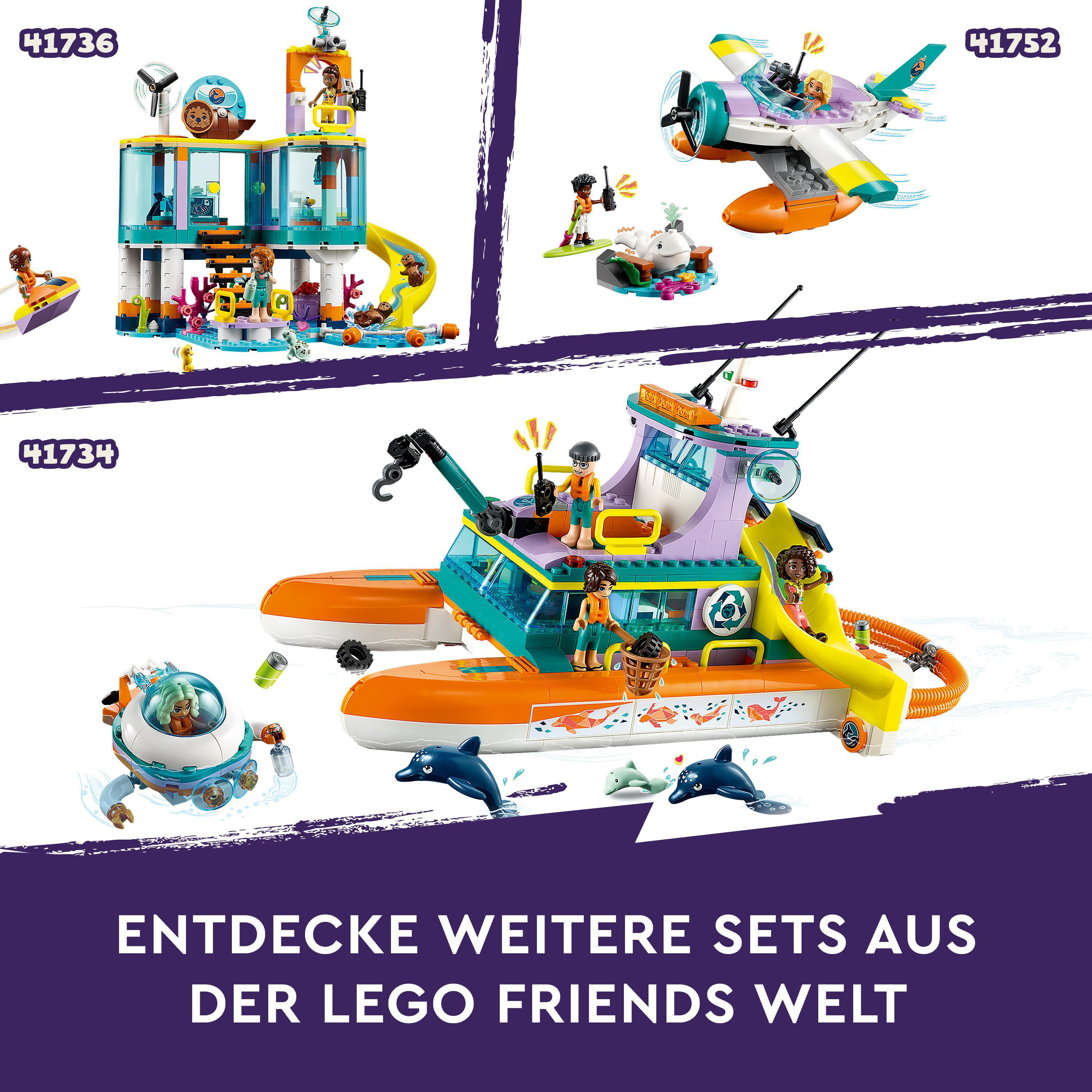 LEGO Friends Sets auf lila Hintergrund. Drei Sets mit verschiedenen Meeres- und Freizeitthemen. Text unten.