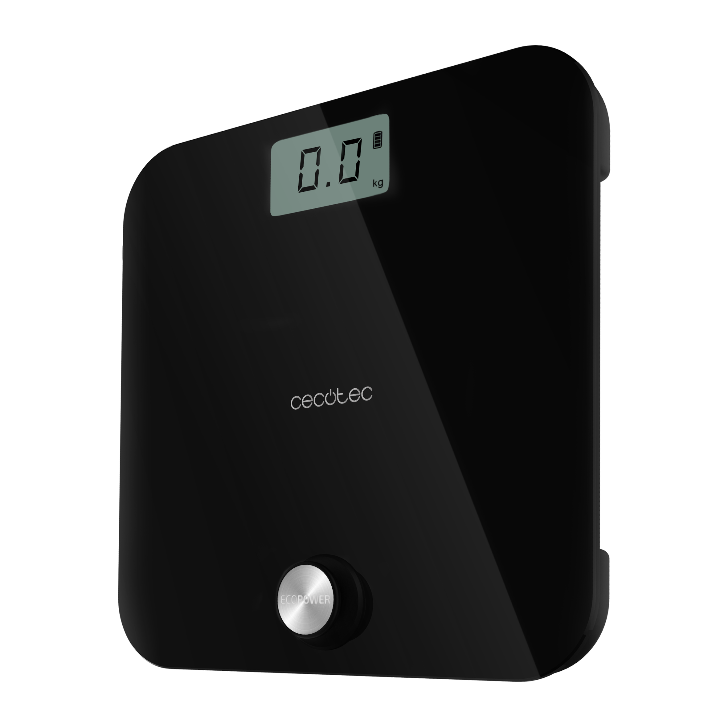 Una báscula digital negra que muestra 0,0 kg, con un botón plateado.