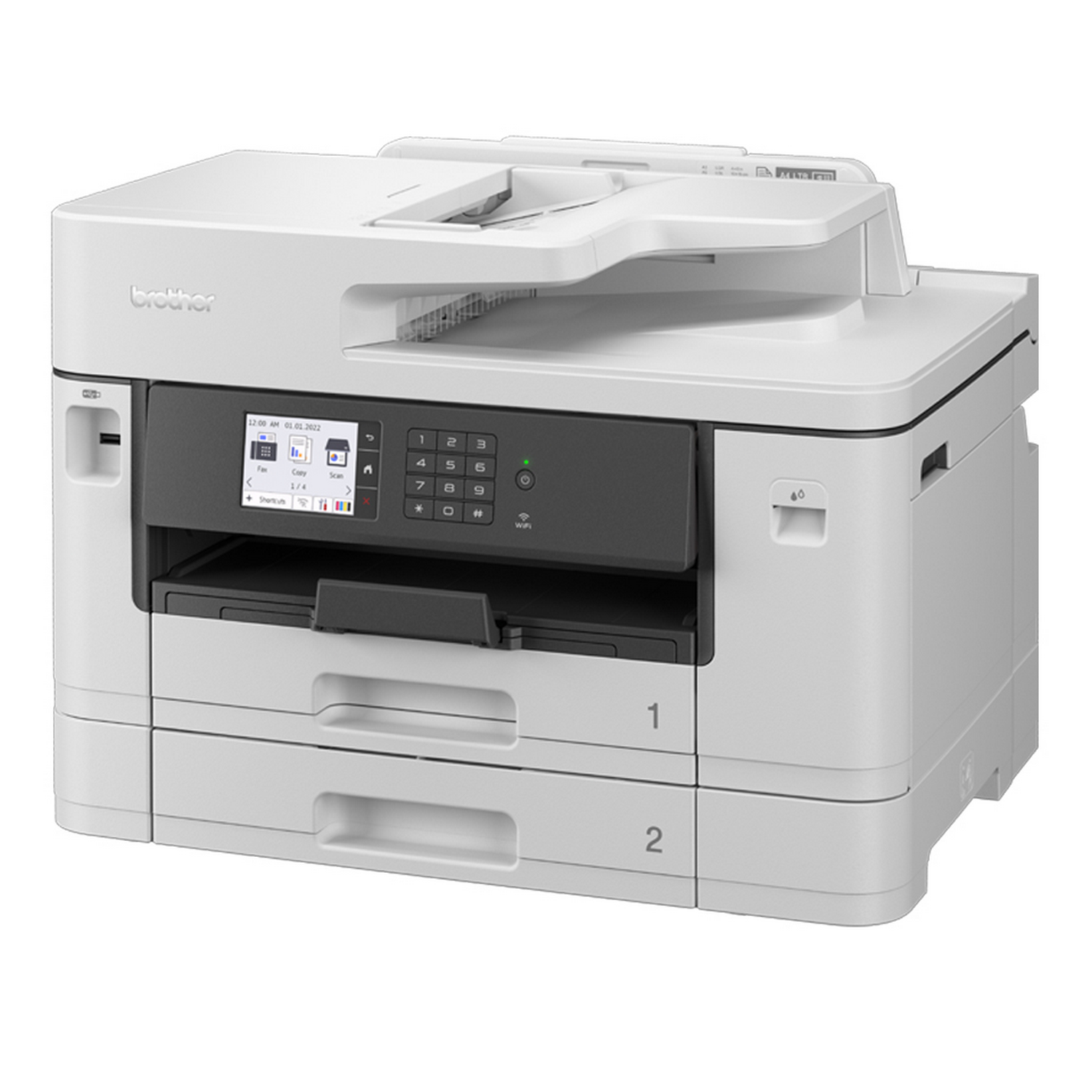 A white Brother printer with a control panel, paper trays, and a scanner.