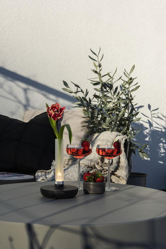Zwei rote Getränke mit Erdbeeren, eine Vase mit einer Blume und ein schwarzer Lautsprecher auf einem Tisch im Freien.