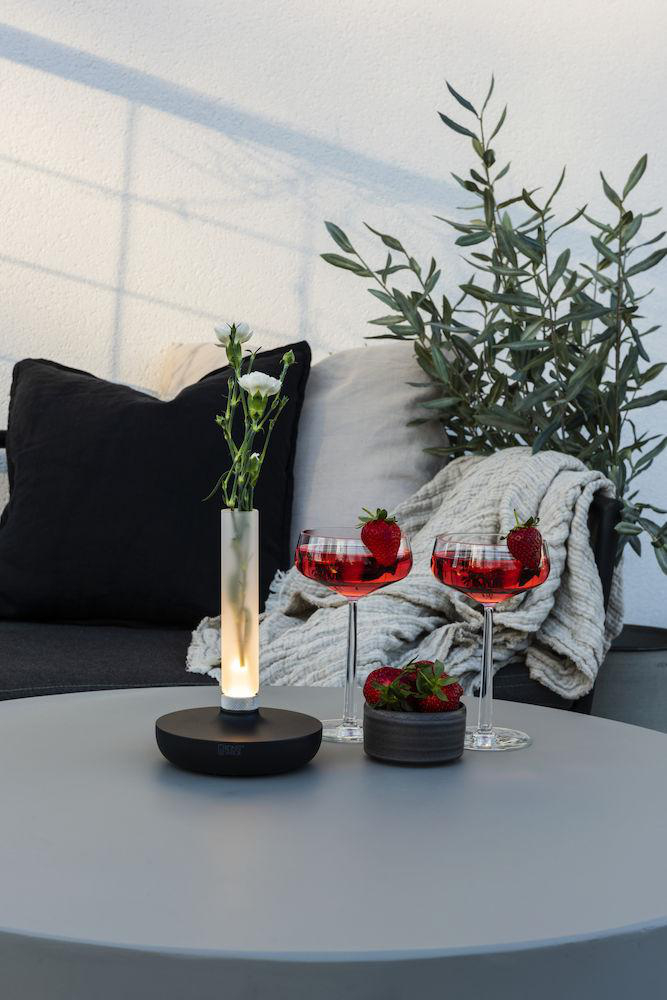 Tisch im Freien mit Getränken, Blumen und einer Pflanze. Sonnenlicht und Schatten.