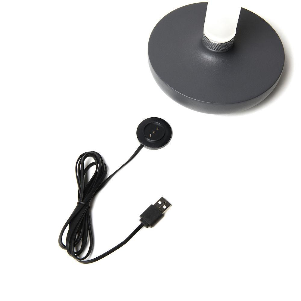 Eine schwarze Ladestation mit Kabel und USB-Stecker. Die Basis befindet sich auf weißem Hintergrund.