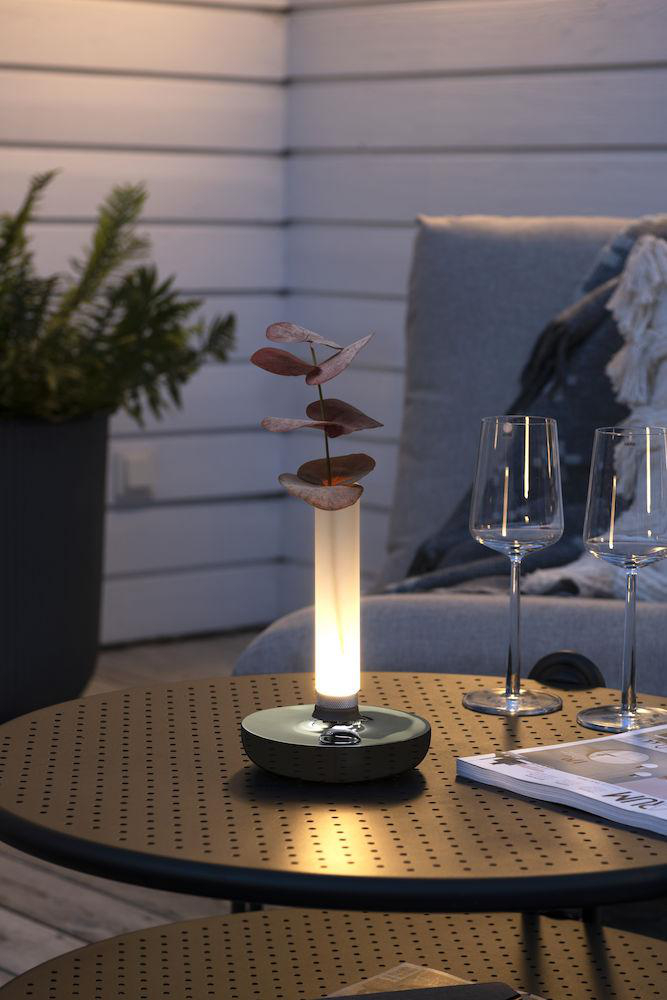 Eine Tischlampe mit leuchtender Röhre, die eine Pflanze hält, zwei Weingläser und eine Zeitschrift.