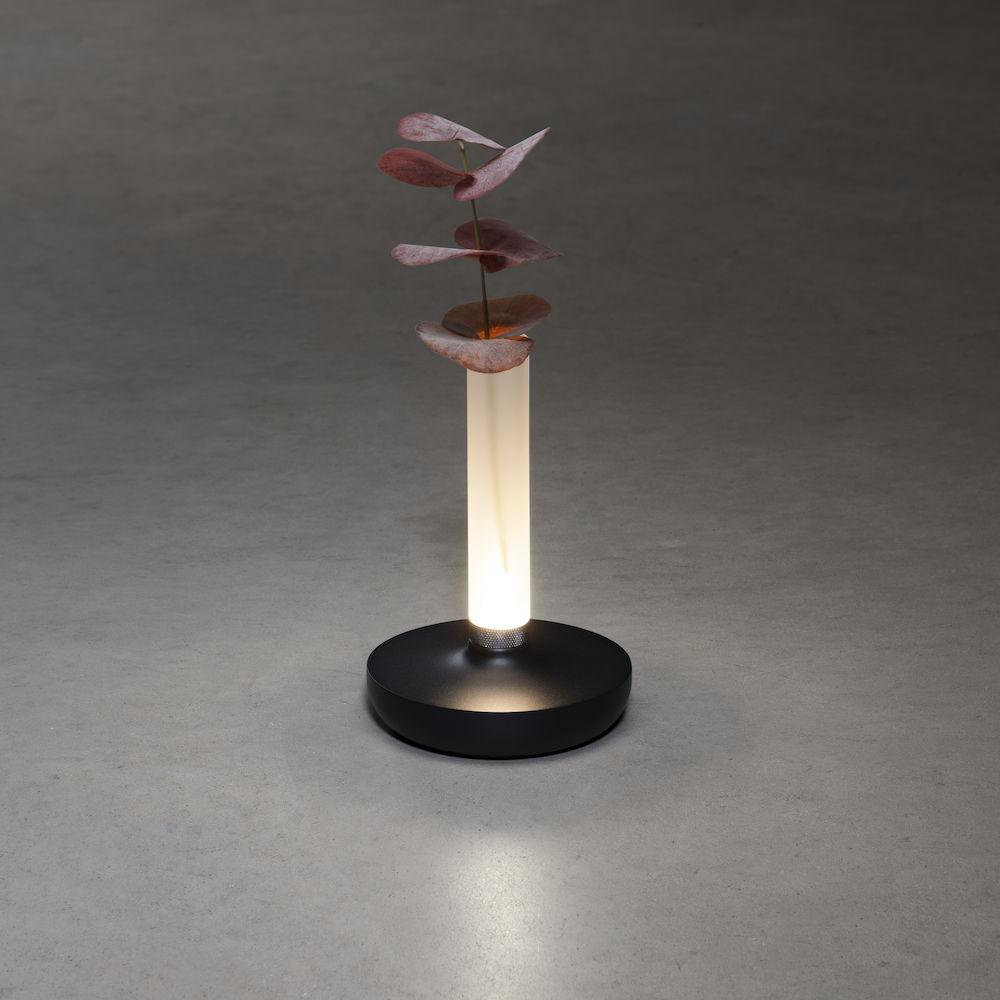 Moderne schwarz-weiße Lampe mit Stiel und Blättern.
