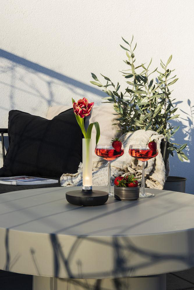 Ein Tisch mit zwei Gläsern rosa Getränk, einer Tulpe und einer Schale mit Erdbeeren. Ein schwarzes Kissen ist sichtbar.