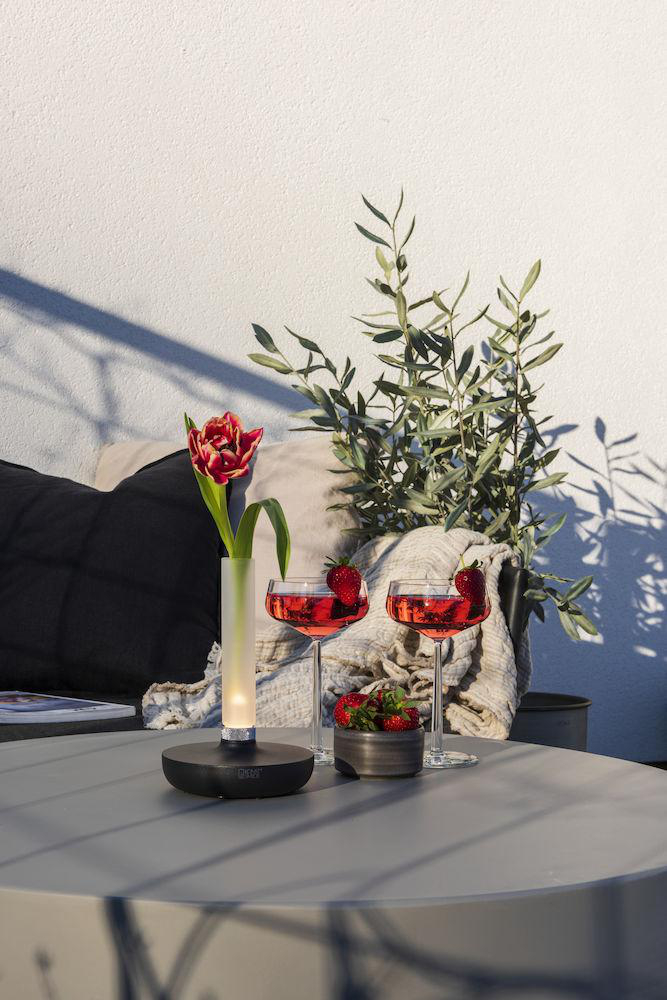 Tisch mit zwei Getränken und einer Vase mit einer roten Tulpe. Erdbeeren sind vorhanden. Weißer Hintergrund.