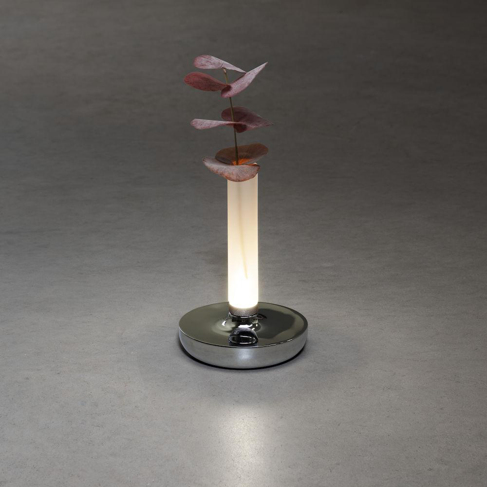 Eine moderne Lampe mit silbernem Sockel und vertikalem Licht, gekrönt von getrockneten Blättern.