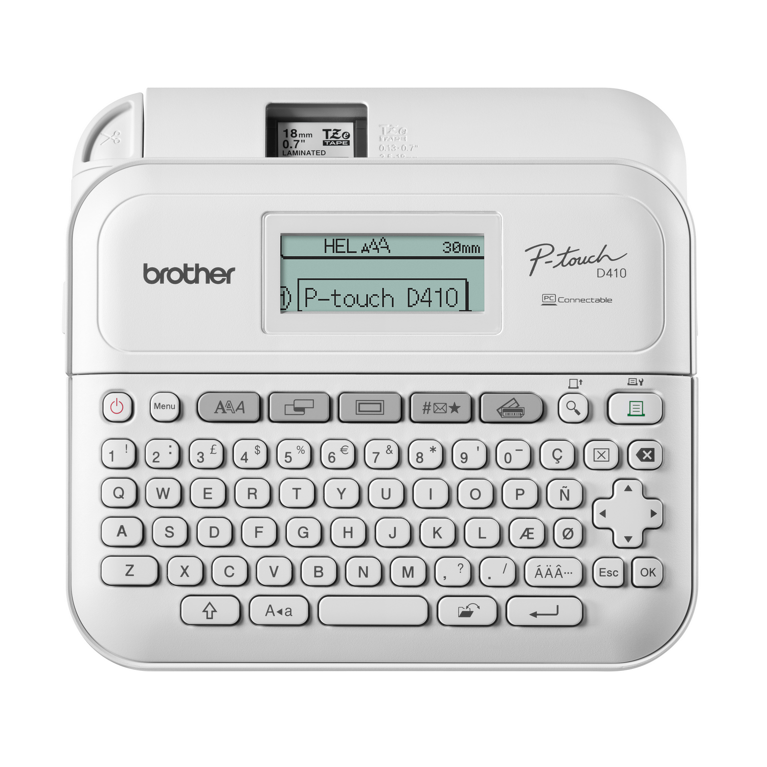 White label maker with a keyboard and display. Text on screen: P-touch D410. White background.