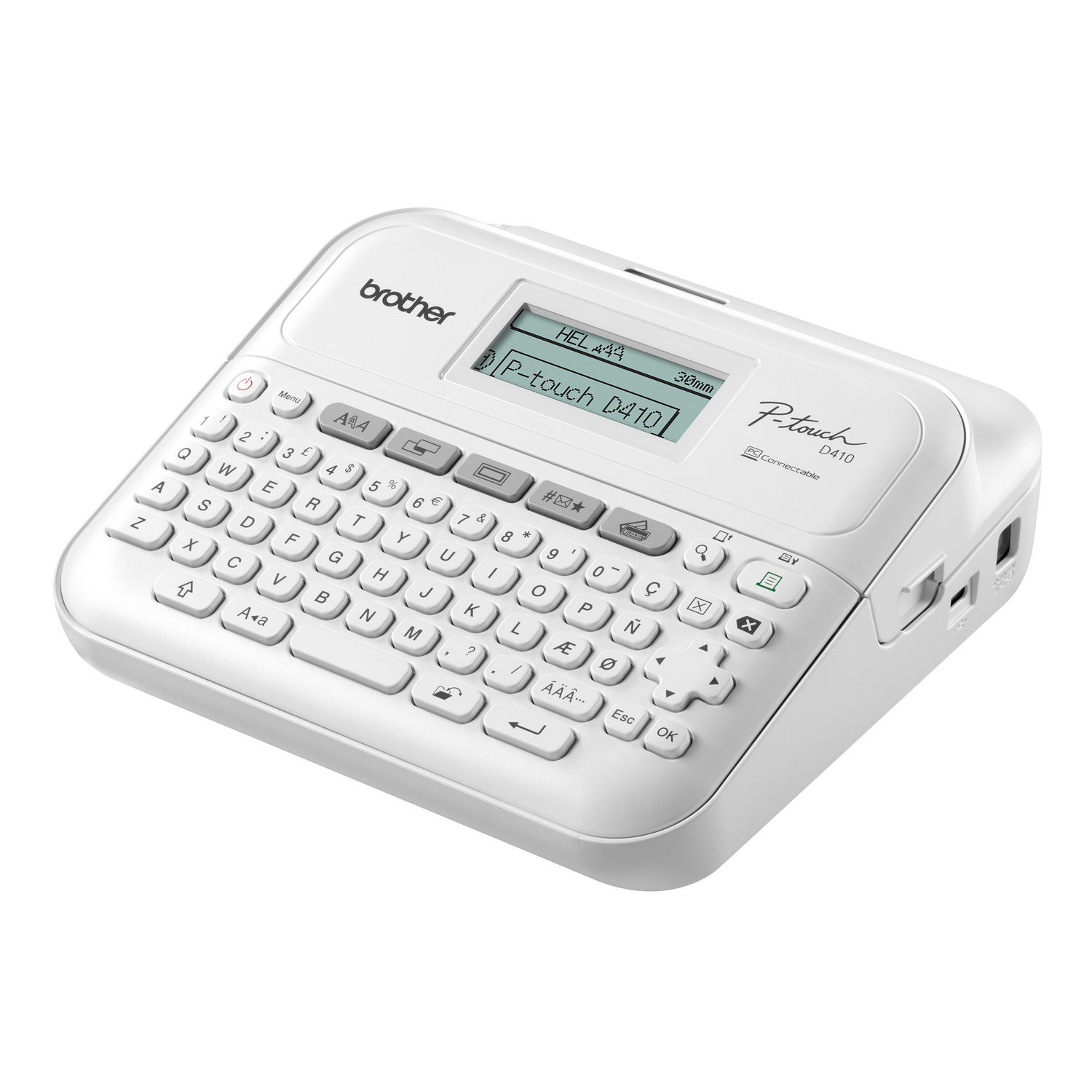 A white Brother P-touch D410 label maker with a keyboard and display.
