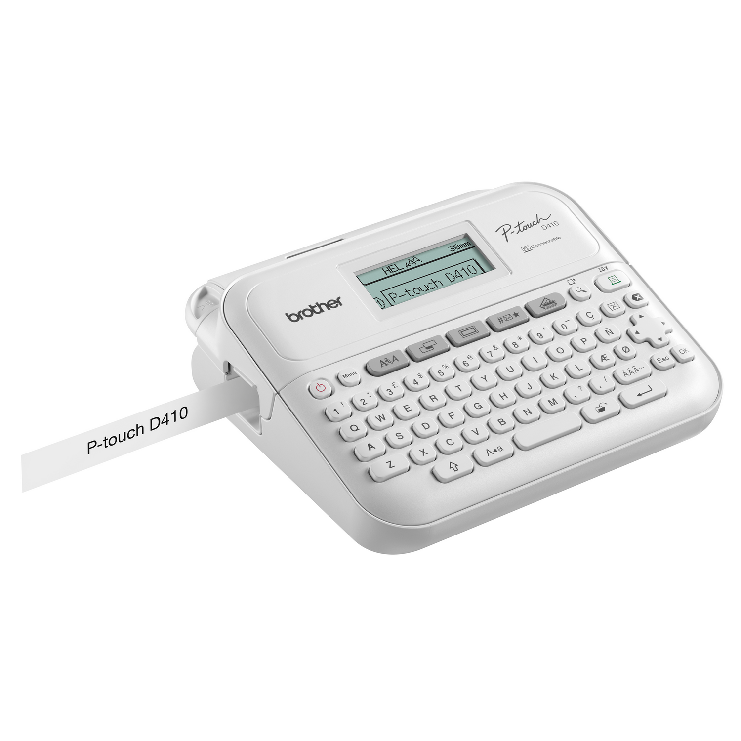 A white Brother P-touch D410 label maker with a small screen and keyboard.