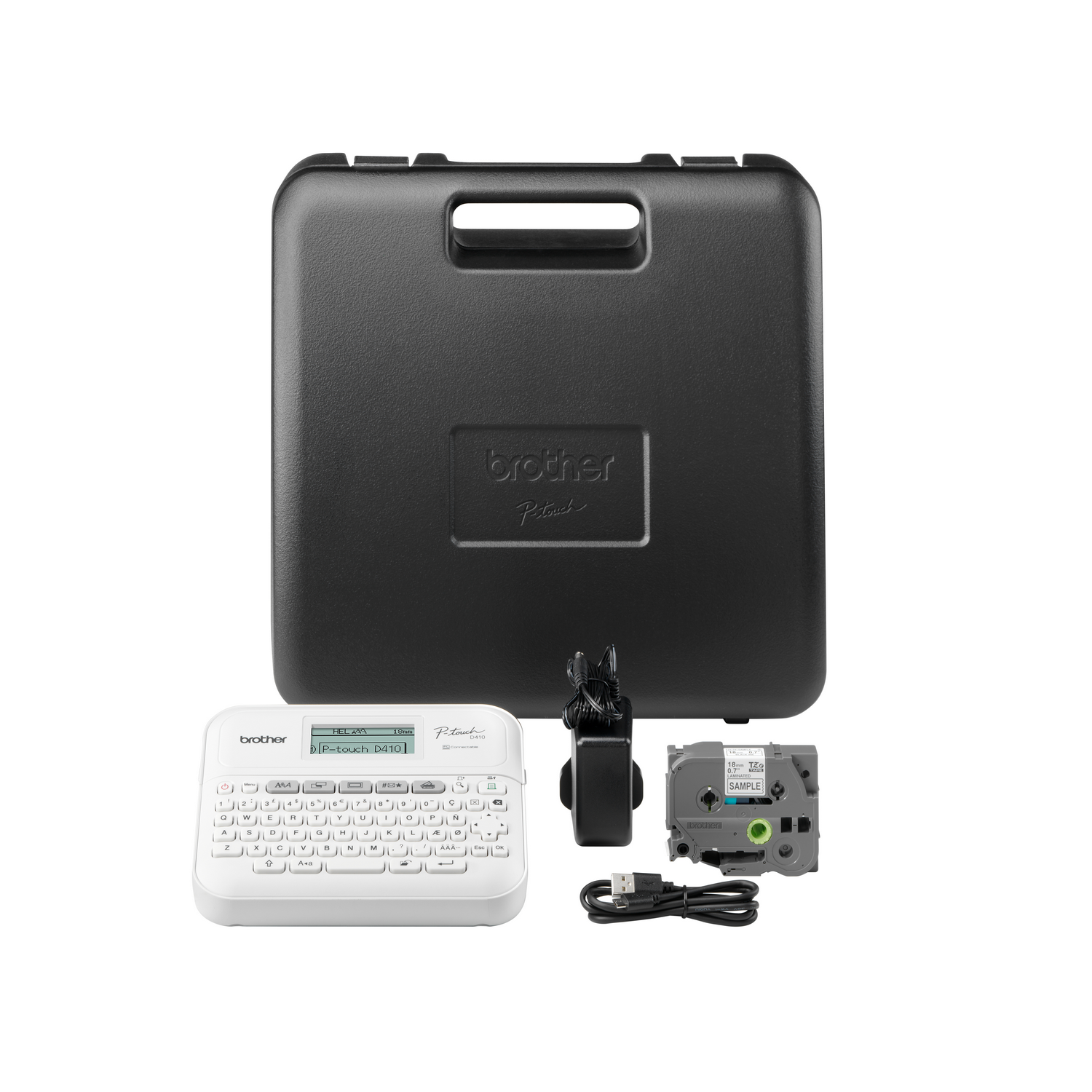A label maker kit with a black case, label maker, tape cartridge, adapter and cables. White background.