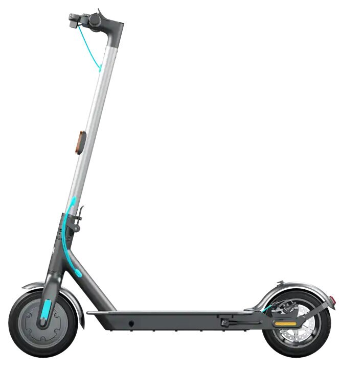 Szary i srebrny skuter elektryczny, widok z boku.