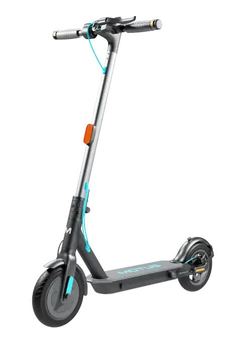 Srebrno-czarna hulajnoga elektryczna z podniesioną kierownicą, pojedynczym kołem i małym pomarańczowym odblaskiem.