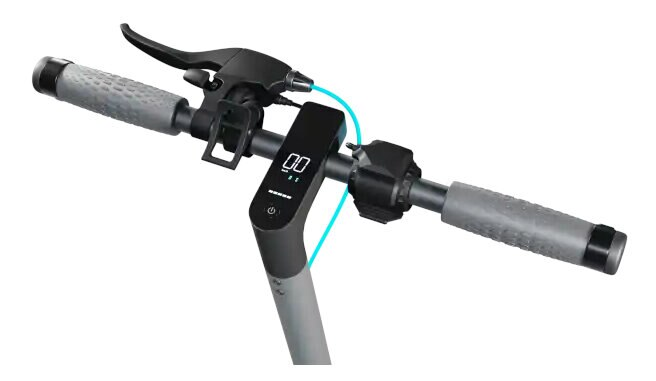 Szczegół kierownicy hulajnogi. Pokazuje wyświetlacz, elementy sterujące i dźwignię hamulca. Szary i czarny.