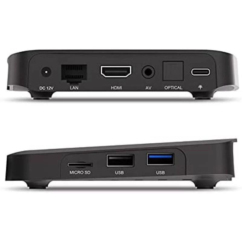 Vistas superior e inferior de un reproductor multimedia negro con puertos: DC, LAN, HDMI, AV, Optical, USB, Micro SD.